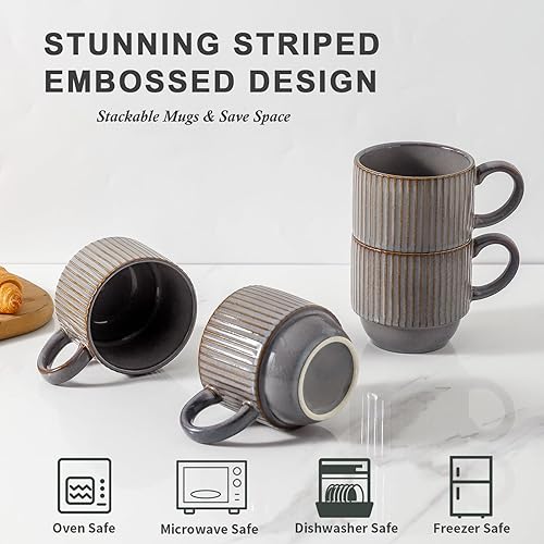 Vista 89 de Hasense Juego de 4 tazas de café de cerámica con soporte, 15 onzas, apilables, grandes, de porcelana, acanaladas, para capuchino, té, cacao