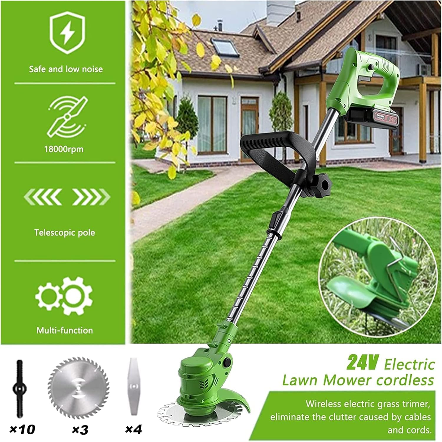 Decespugliatore elettrico da giardino, 21 V, senza fili, portatile, con 2 batterie e 3 tipi di lame, per cortile e giardino