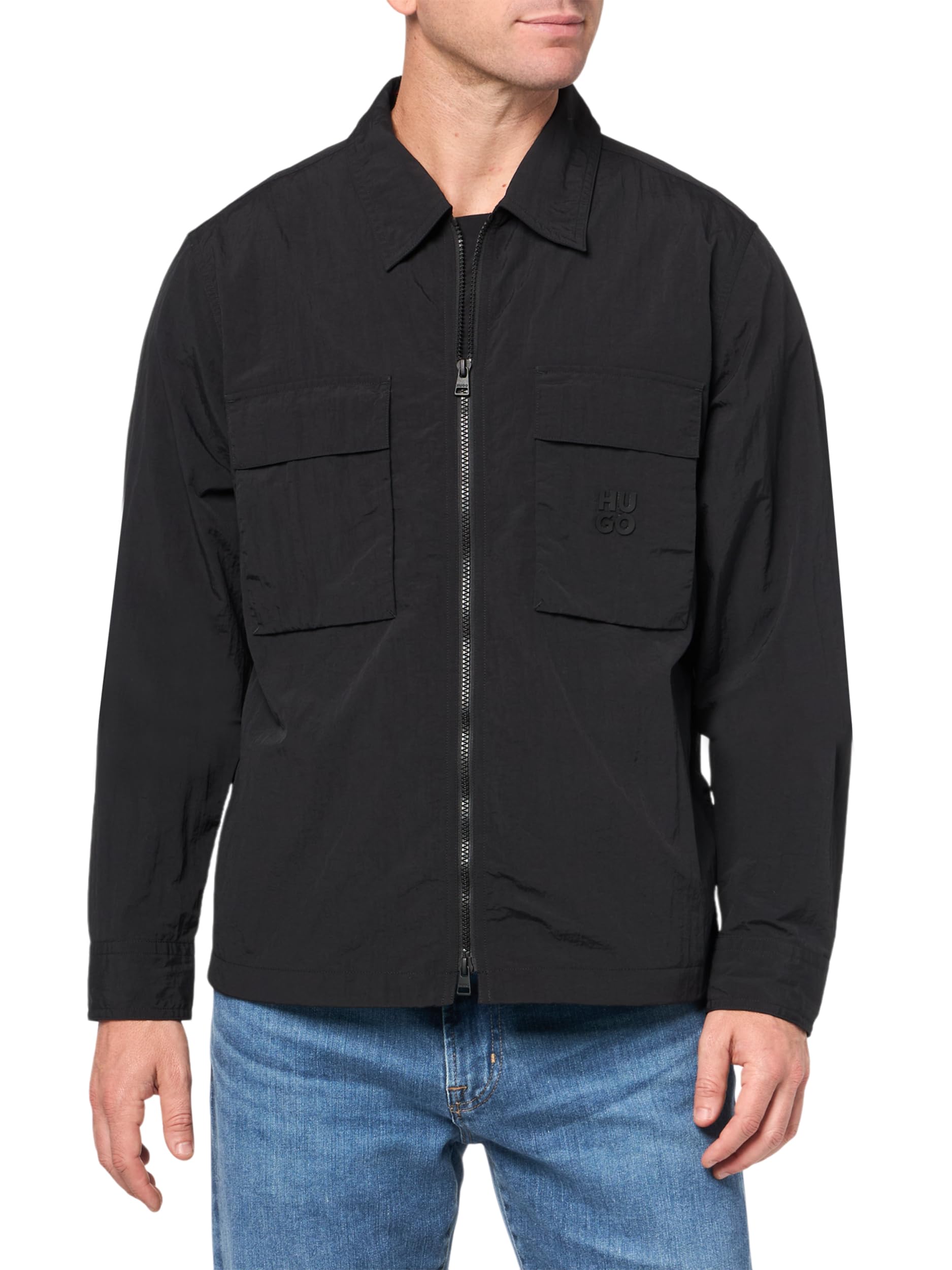 Hugo Men's Nylon Zip Up Overshirt, Black Jade, XXL