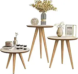 Conjunto 3 Mesas Lateral Canto Apoio Centro Sala Redonda Tripé (Off White Freijó)