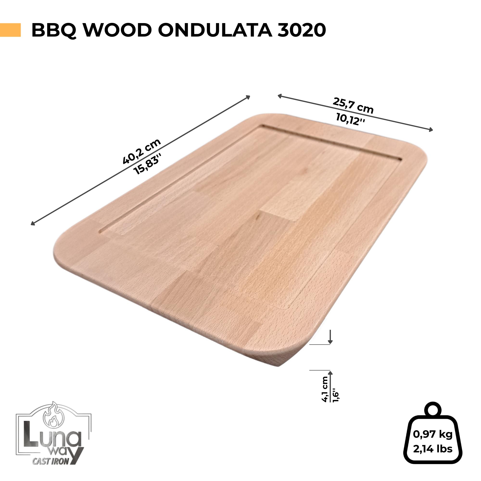 Parrilla de hierro fundido doble esmaltado | Uso sobre fuego abierto y cocinas | Cocina sana | Varios tamaños (30 x 20 cm + base de madera)