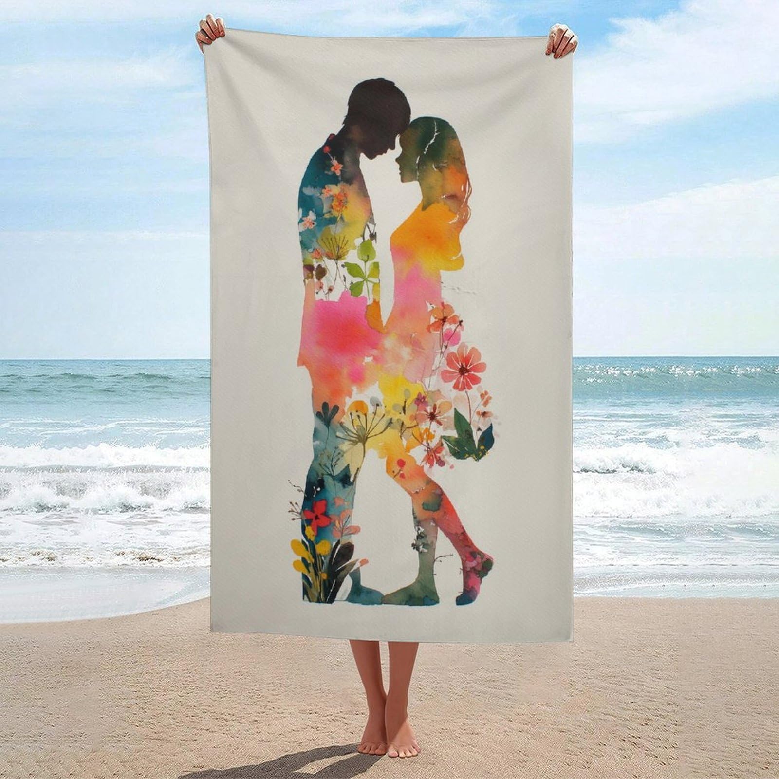 LSRCPD Watercolor Floral Silhouette of A Couple Beach Towel Sand Free Microfiber Large Shower Towels Multipurpose Absorbent for Bathroom Pool 130x80 CM