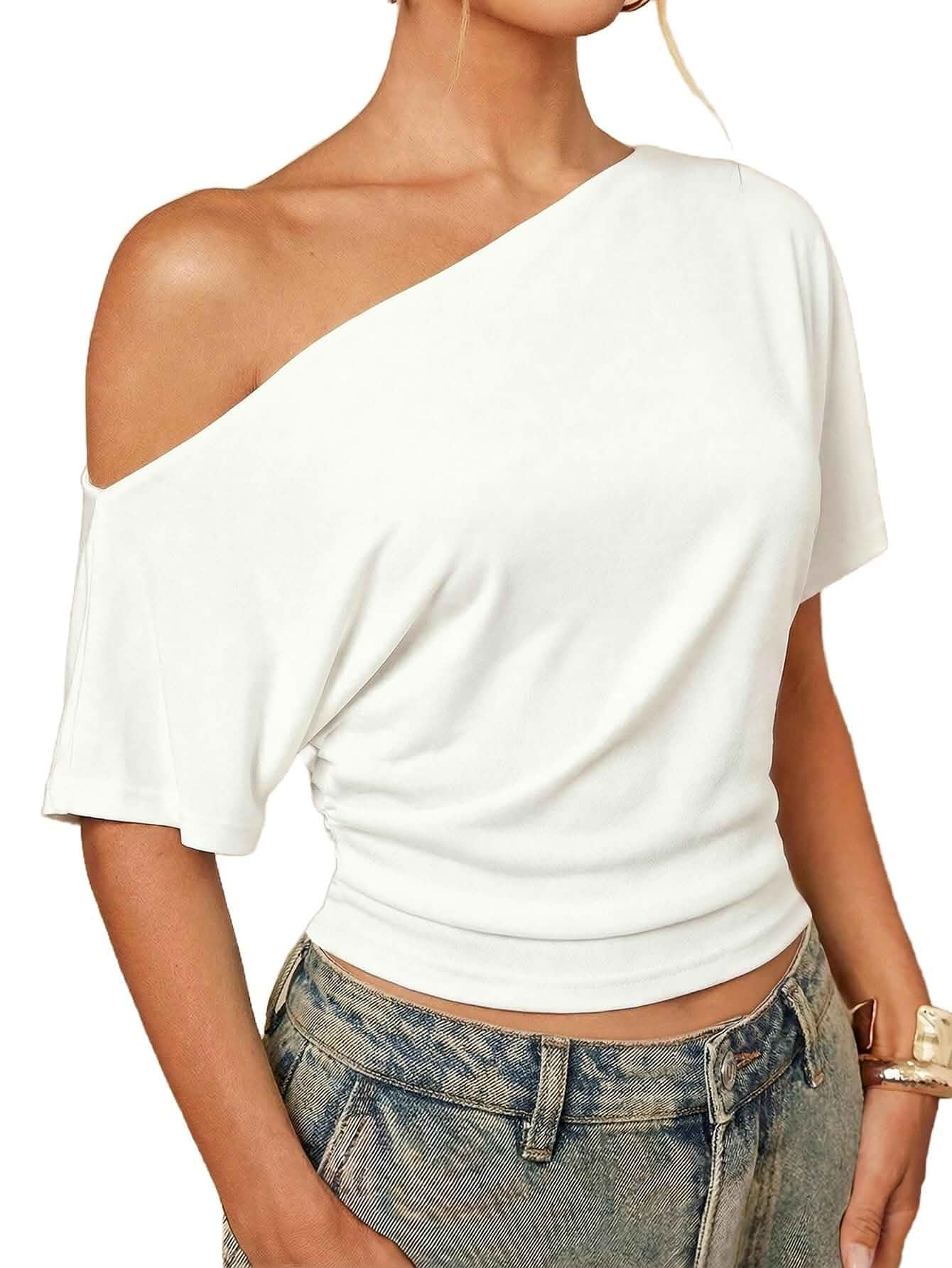 Milumia Women's Off The Shoulder Crop Top Short Sleeve Going Out T Shirt Cinched Waist, Asymmetrical, Y2k, Summer Tops, One Shoulder, Ruched, Dolman Sleeve, Flowy Top