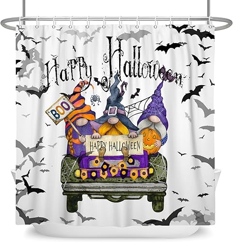 DASHAN Cortina de ducha de Halloween, gnomos y murciélagos, cortinas de ducha para baño, cortina de baño de truco o trato, decoración de fiesta de