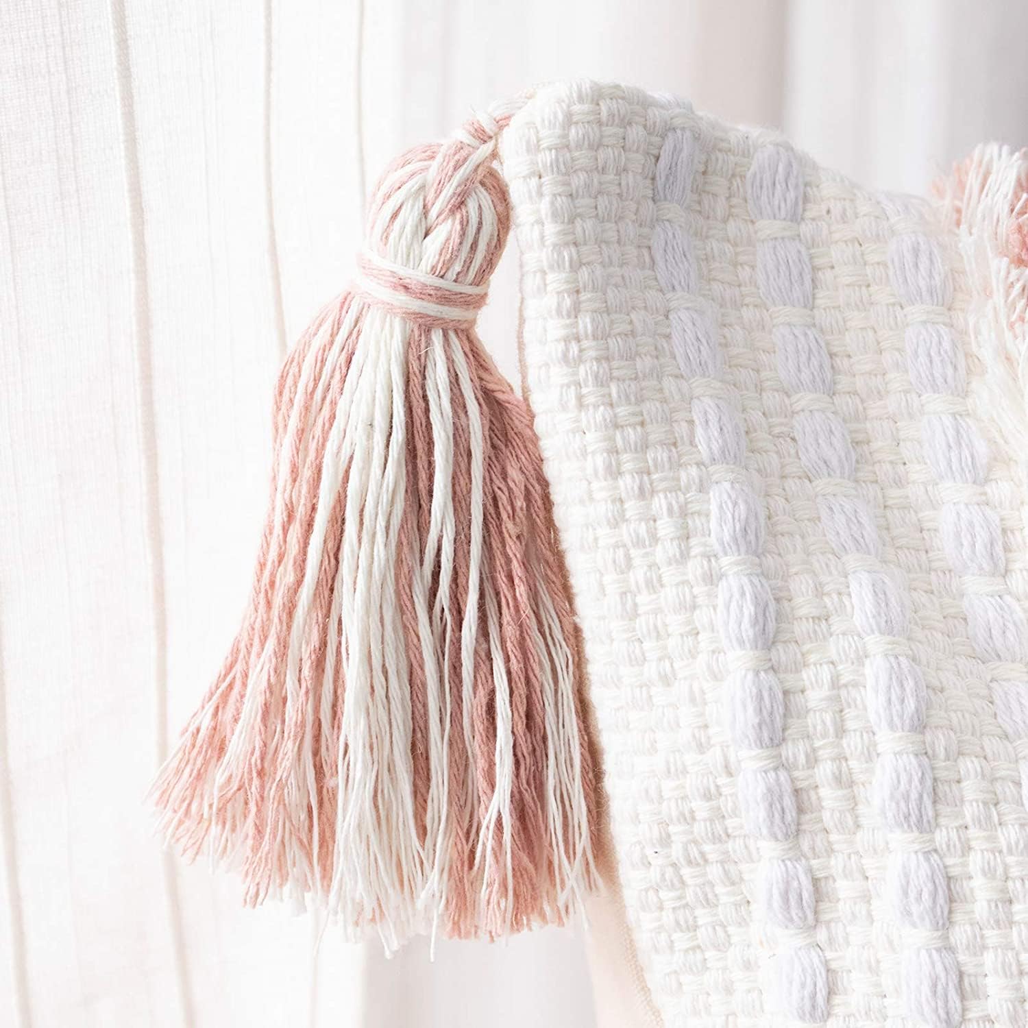 Boho Throw Pillow Covers 20 × 20 in Neutral Tufted Pink Square Decorative Case — Modern farmhouse accent pillow cover with tufting, tassels & textured weave perfect for couch, bed or living room décor