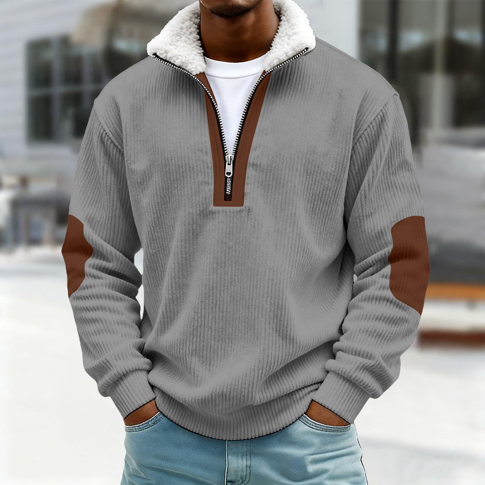Generico Maglia Sportiva Uomo Maniche Lunghe Mezza Zip Collo in Pelo Tessuto A Righe Spesse per Uscite all’Aperto Invernali