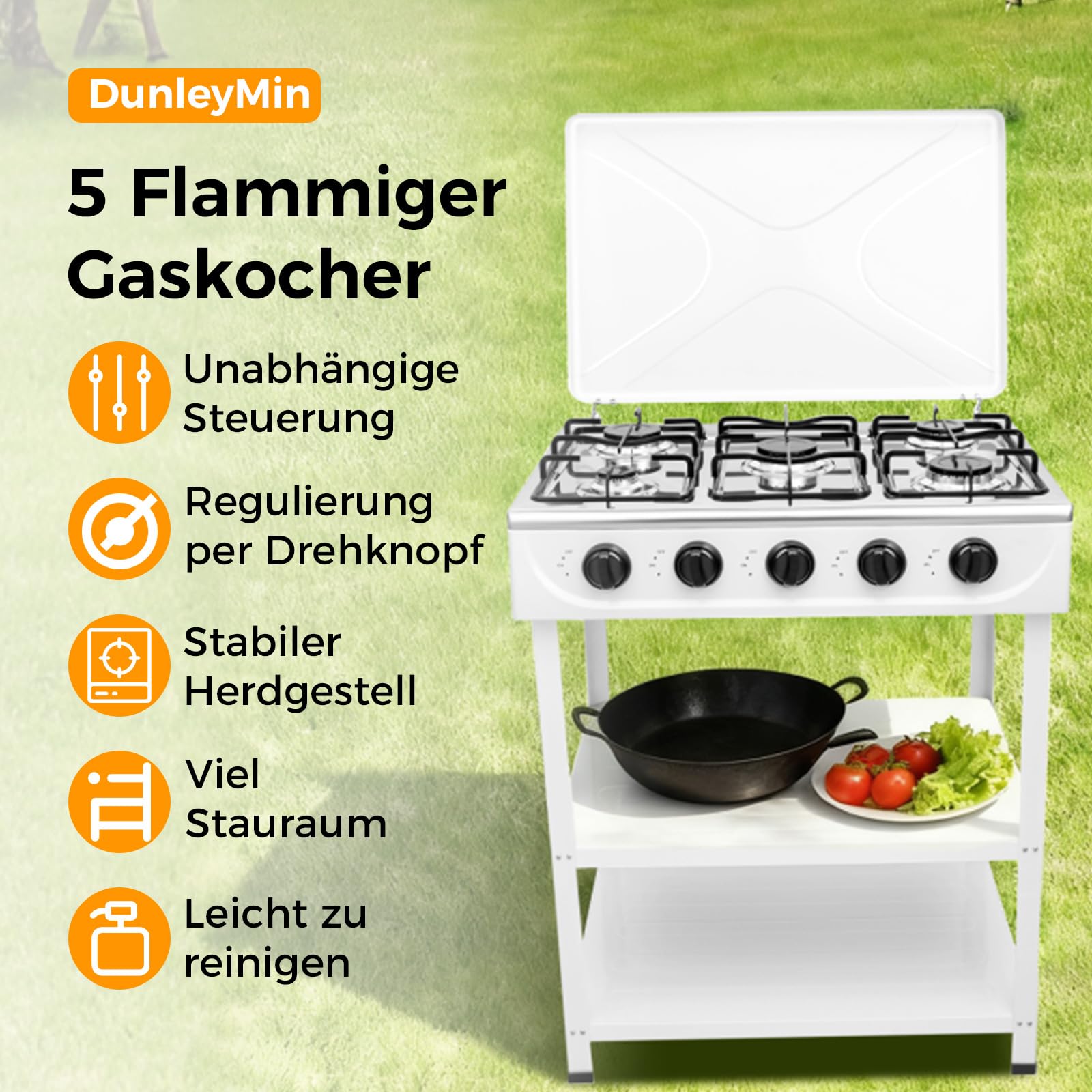 Fornello a gas a 5 fiamme, per esterni, con supporto per gambe di supporto e copertura antivento, piano cottura a gas indipendente per camper, appartamento, cucina all'aperto (bianco)