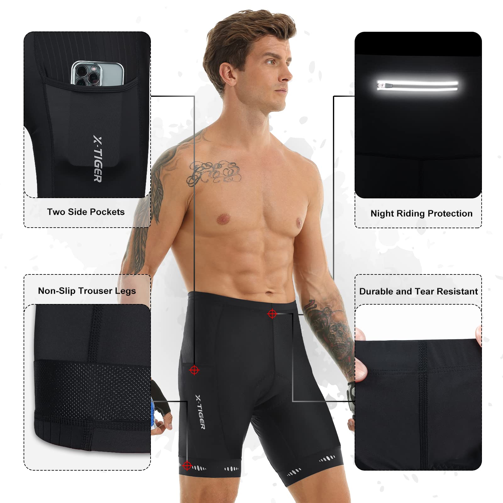 X-TIGER Culotte Ciclismo Hombre con 5D Gel Acolchado MTB Ciclismo Pantalones Cortos Transpirable Secado Rápido con 3 Bolsillos - 3