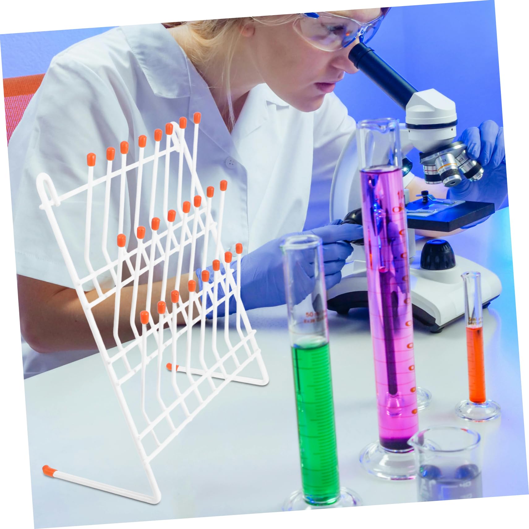 Escurridor de Laboratorio 24 Puestos de Hierro Blanco para Secado | Rejilla de Drenaje para Tubos y Vasos, Fácil de Llevar y Guardar, Uso en Escuelas y Universidades