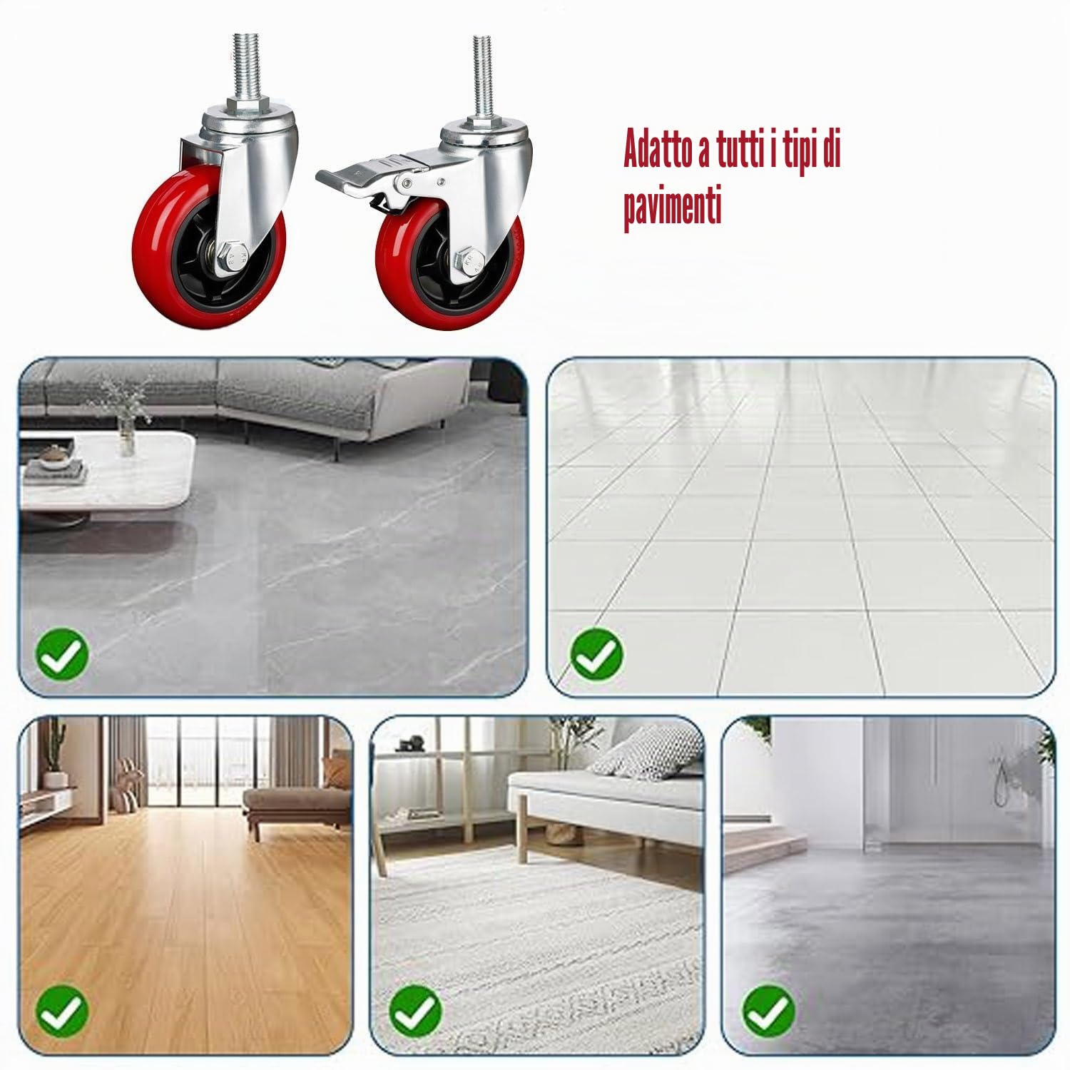 Ruote Girevoli con Perno Filettato M10 x 25 mm, 75/100 mm Pesanti PVC Rotelle Pivotanti Set da 4, Antigraffio Ruota Piroettanti Industriali con Freno, Ruote da Trasporto for Attrezzature(Swi
