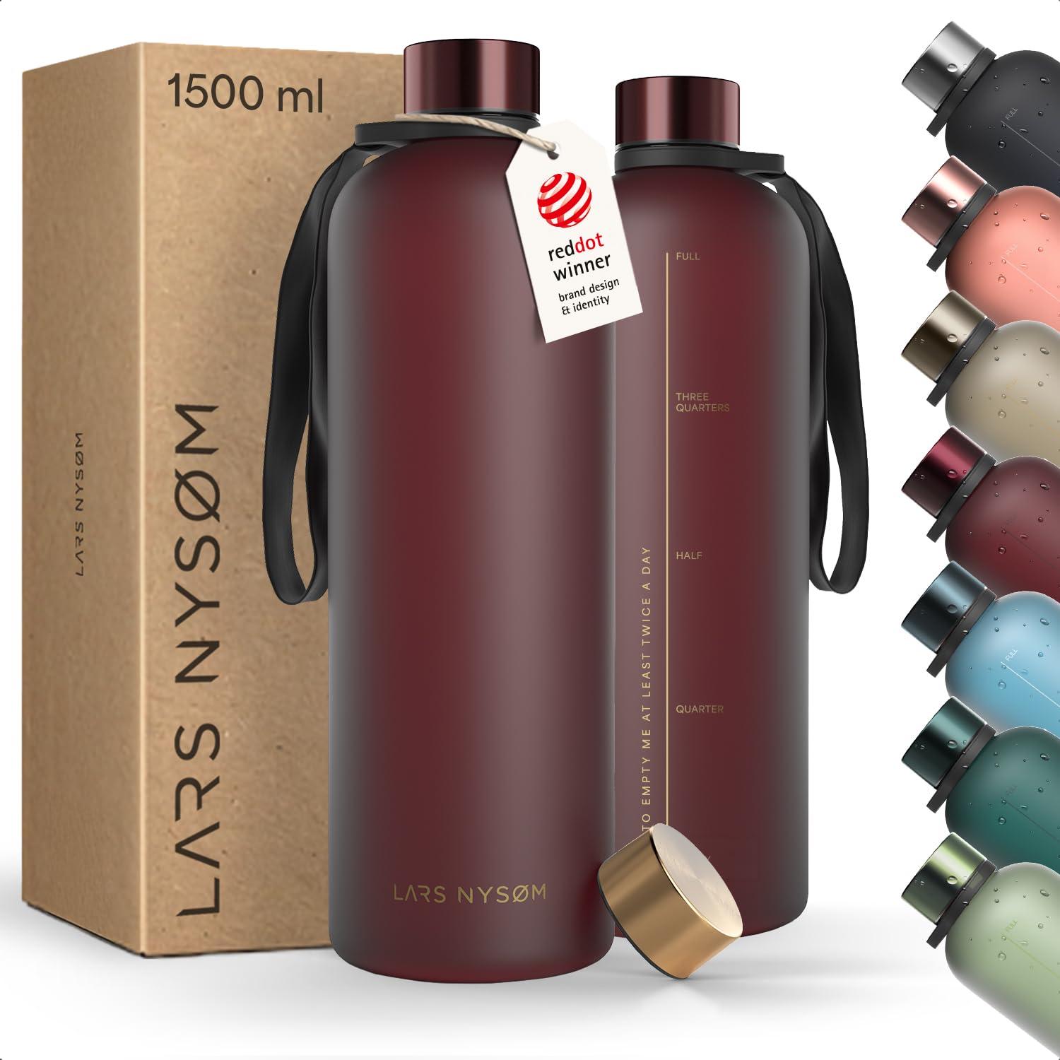 LARS NYSØM Water Bottle 51oz | Drinking Bottle 1,5Liter | Ultralight Tritan Sports Flask leak-proof | Ideal for sports, office, yoga | 2 lids included (Red - Gold, XL 1500ml)