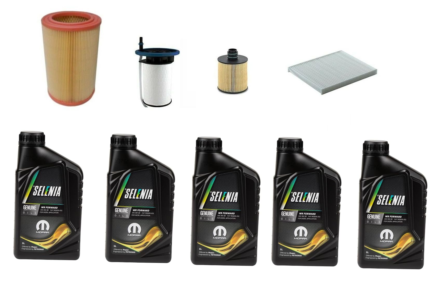Kit Tagliando Completo Compatibile con Giulietta 1.6 JTDM, 5L Olio 0W30, Filtri Aria, Olio, Carburante, Abitacolo