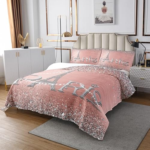Miniatura 2 de Erosebridal Juego de edredón de la Torre Eiffel para niñas, juego de colcha romántica de París rosa y plateado, juego de colcha de diamantes con