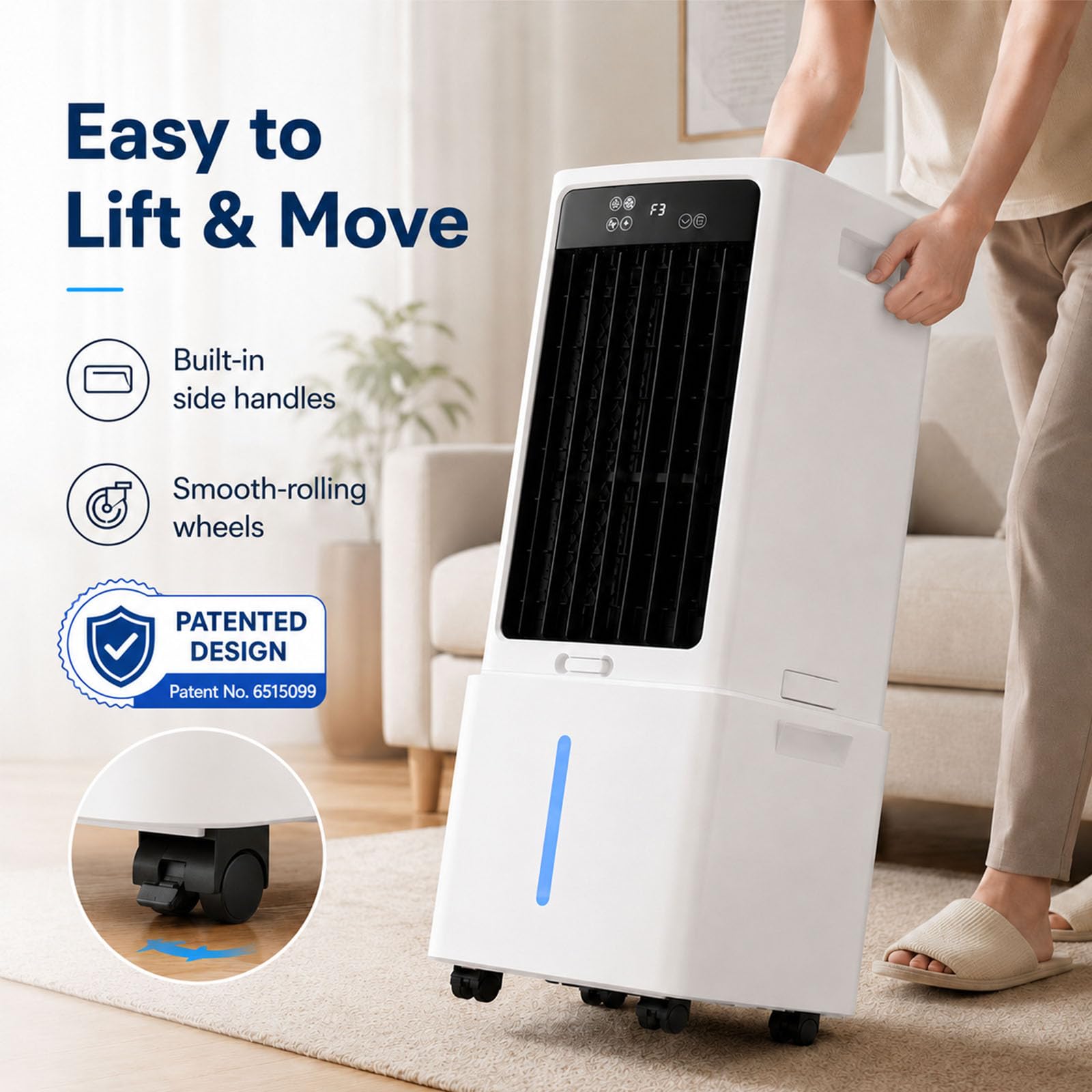 Climatizador Silencioso Portátil, Ventilador 12L con Agua 3 Niveles Velocidad, Timer 12H, 6 Cajas de Hielo, para Salón Dormitorio, Ruedas Giratorias (288x260x615mm)
