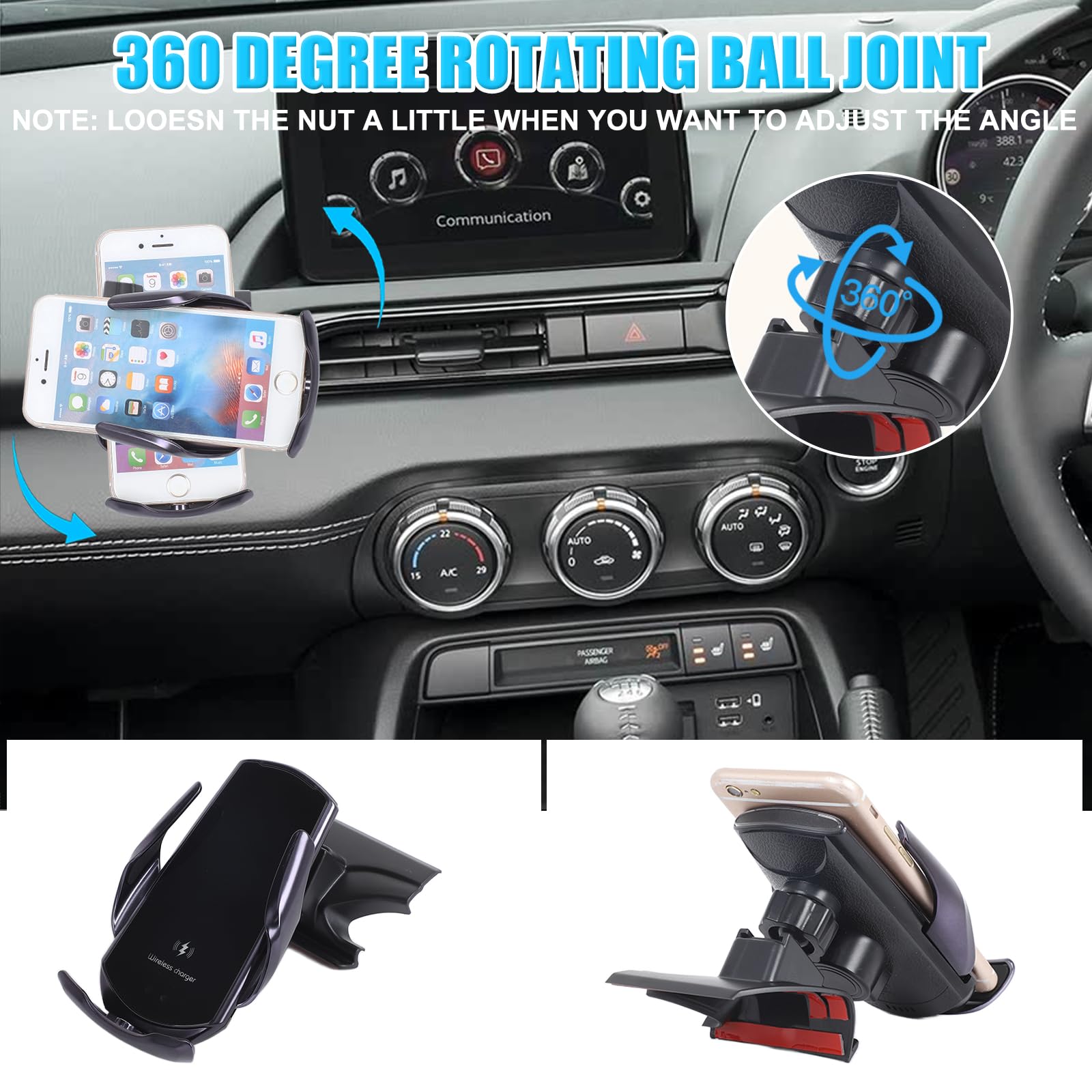 METYOUCAR Soporte de teléfono de coche para Mazda MX-5 ND 2016-2024, rejilla de ventilación central, lado izquierdo, giratorio, soporte fijo para teléfono móvil para coche, apto para iPhone, Android