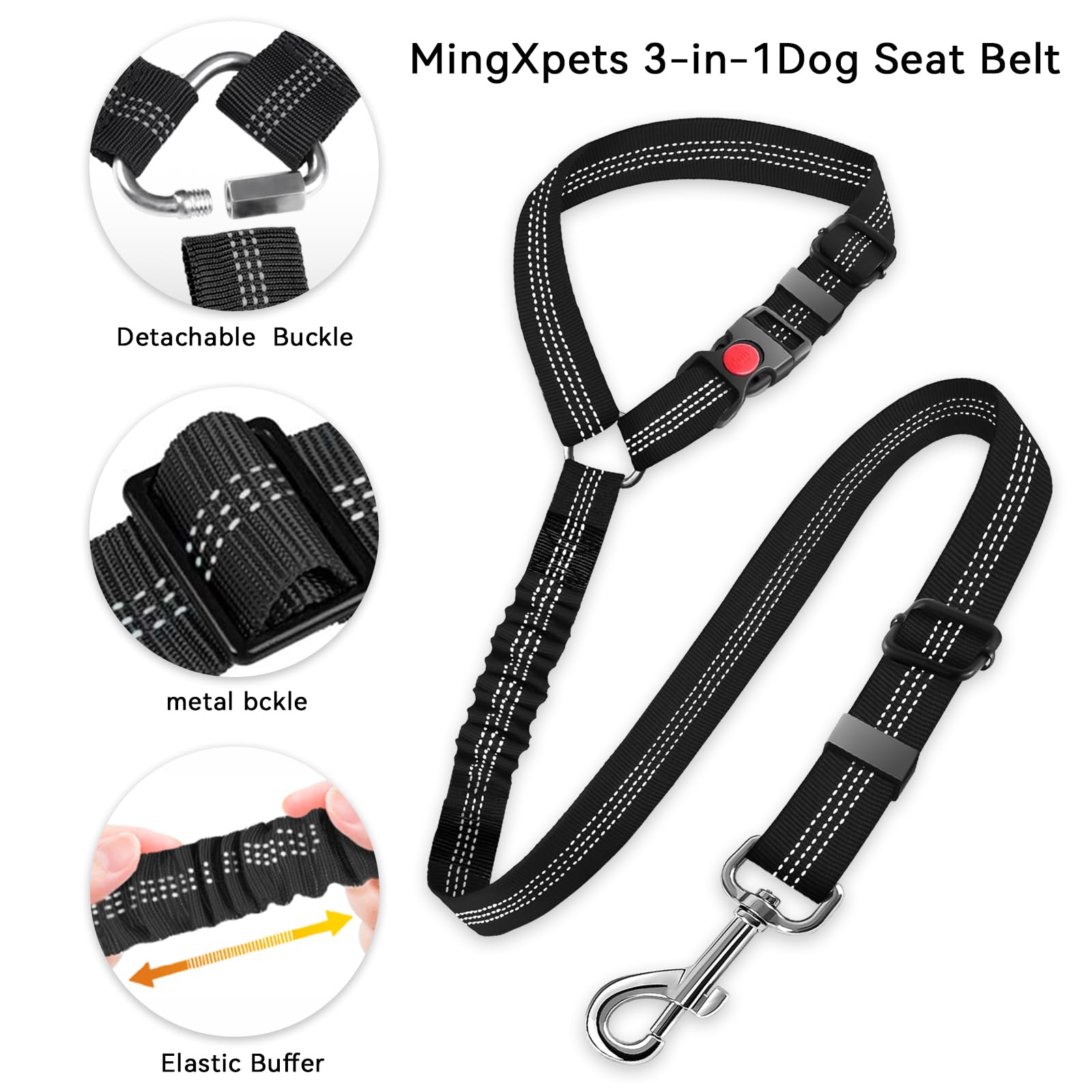 MingXpets Dog Seat Belt for car, 3 Piece Set Retractable Dog Car Harness 2 Pack Adjustable Seatbelt for Dog in car, Nylon Pet Safety Seat Belts Tether Heavy Duty and Reflective car Leash, Black