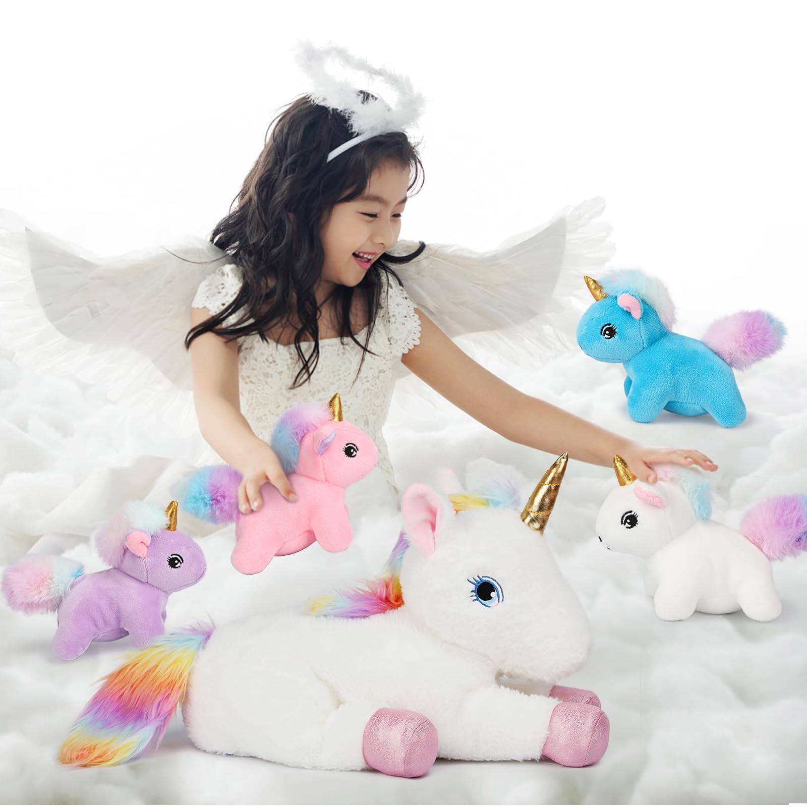 61 cm (24 Zoll) Einhorn Plüschtier für 3-9 Jahre Mädchen - Mutter mit schönen Augen und vier Plüschbabys Party