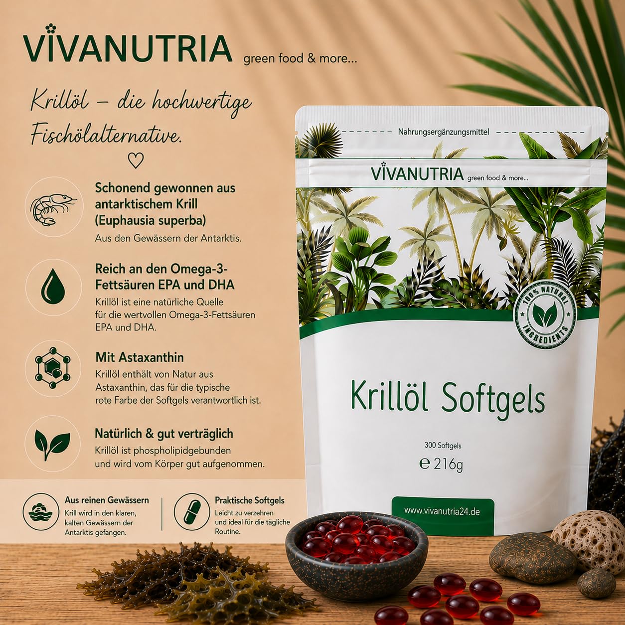 VivaNutria Krillöl-Kapseln 300 Stück I kleine Softgel-Kapseln | leicht zu schlucken I mit je 500 mg reinem Antarktis-Krillöl I beste Qualität - große 3-Monats-Packung I Krill-Öl Softgels