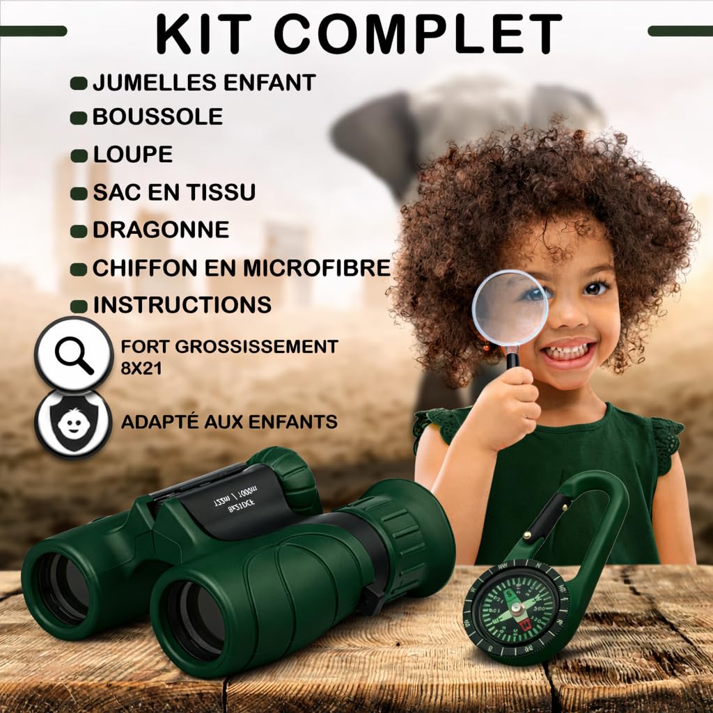Jumelles Enfant - Cadeau et Jouet Parfait pour Les Garcons et Filles - Grossissement 8X21 - Ensemble Complet avec Loupe & Boussole - Jeux et Jouet Exterieur pour 3-12 Ans Garcons & Filles