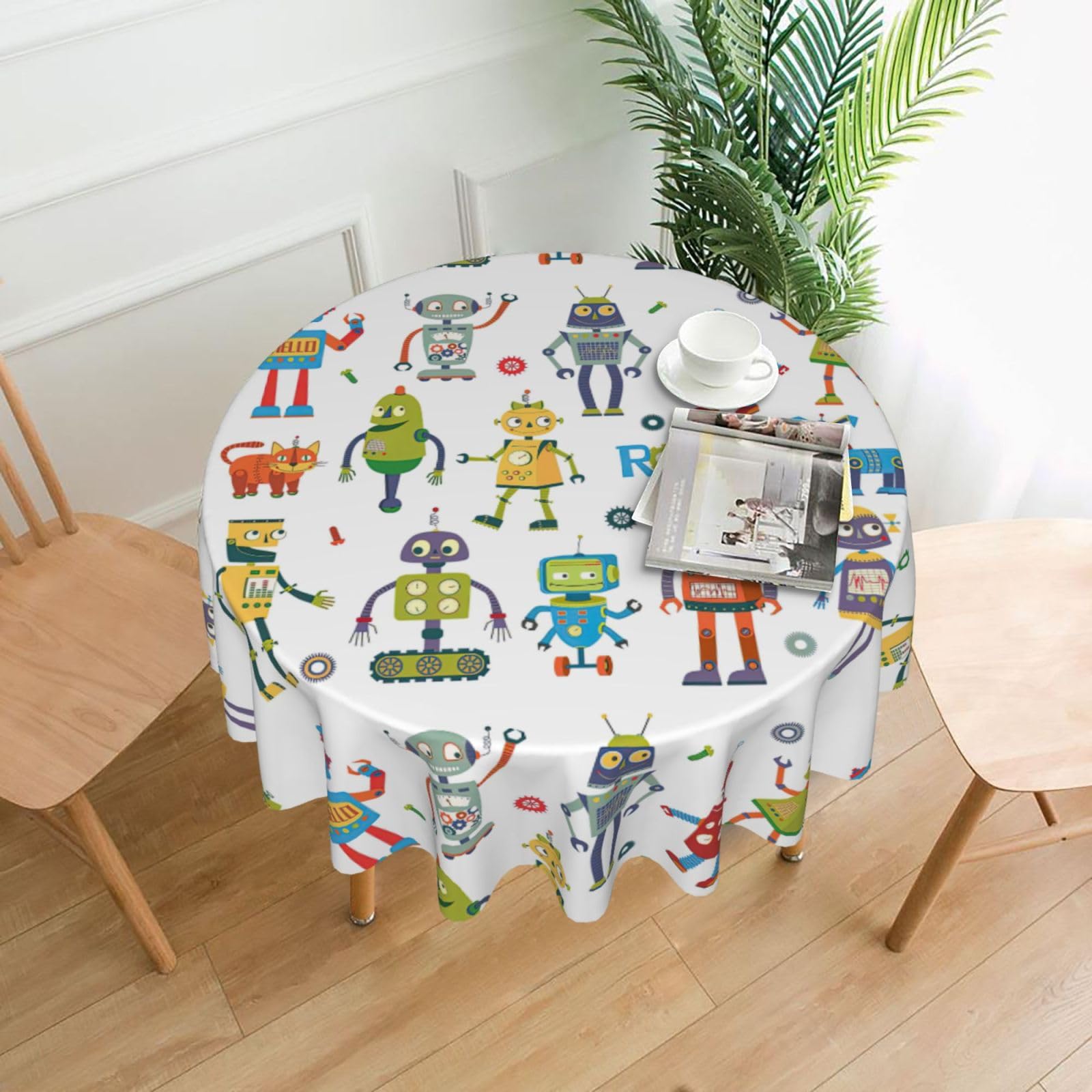 DEXNEL Cute Cartoon Robots Print 60'' Round Tablecloth Retro Polyester Washable Cover for 4-6 Seat Dining Table Boho Decor