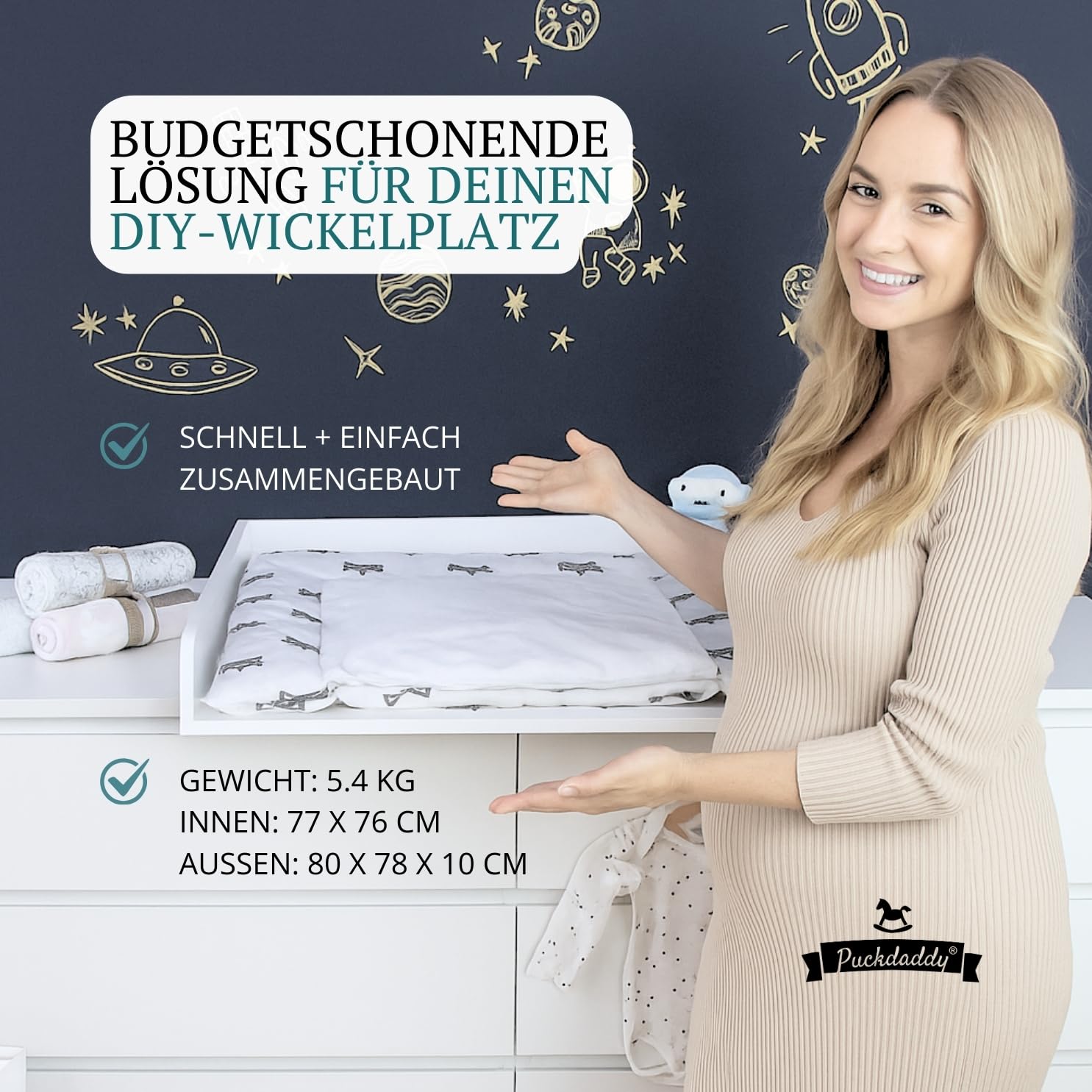 Puckdaddy® Moritz | Wickelaufsatz für IKEA Malm Kommode u.Ä. | weiß | 80x78x10 cm | Wickelauflage aus MDF-Holz | hochwertiger Premium Aufsatz als Wickelkommode | inkl. Montagematerial zur Wandmontage