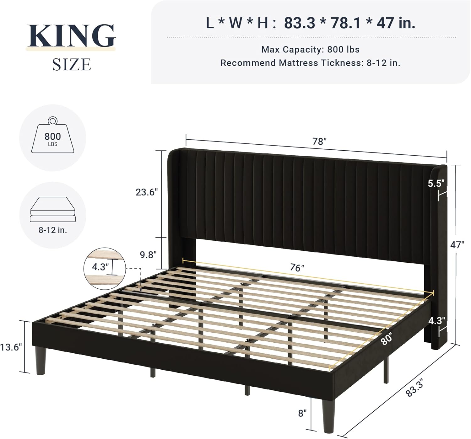 Allewie King Size Velvet Bed Frame/Vertical Channel Tufted Wingback Headboard/Upholstered Platform Bed/Strong Wooden Slats/No Box Spring Needed/Easy Assembly/Black - Image 2