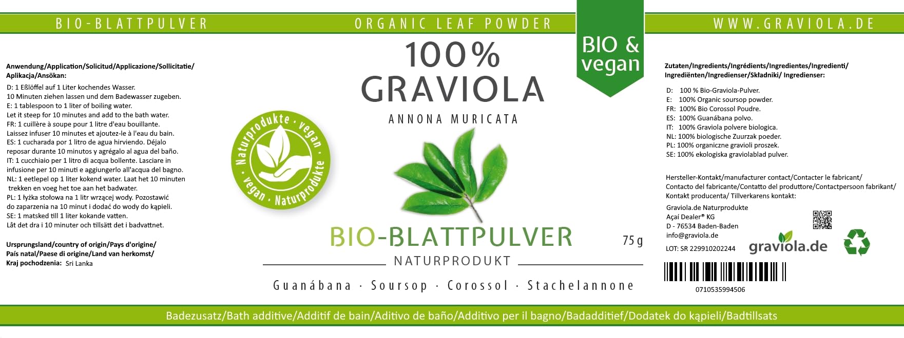100% Guanábana Organico/Hojas en polvo. 75g Fabricado en Alemania. Bio & Vegan. Graviola. Soursop. Corossol. Guyabano.