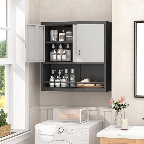 Vista 18 de GREATMEET Armarios de garaje con ruedas, armarios de almacenamiento de garaje negros con puertas y estantes ajustables, armarios de almacenamiento