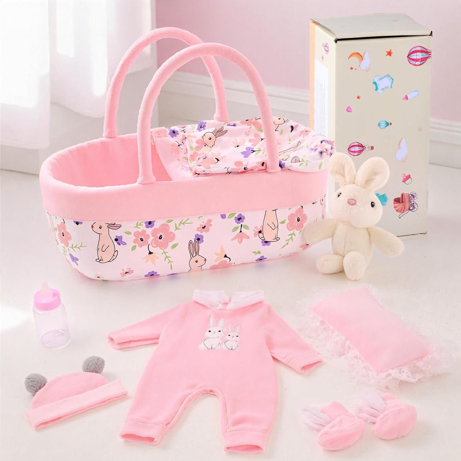 BABESIDE 8 Pcs Reborn Baby Doll Clothes with Bassinet for 17-22 Inch Baby Dolls, Baby Dolls Clothes Doll Accessories Set for Realistic Baby Dolls Girl (Not Doll)