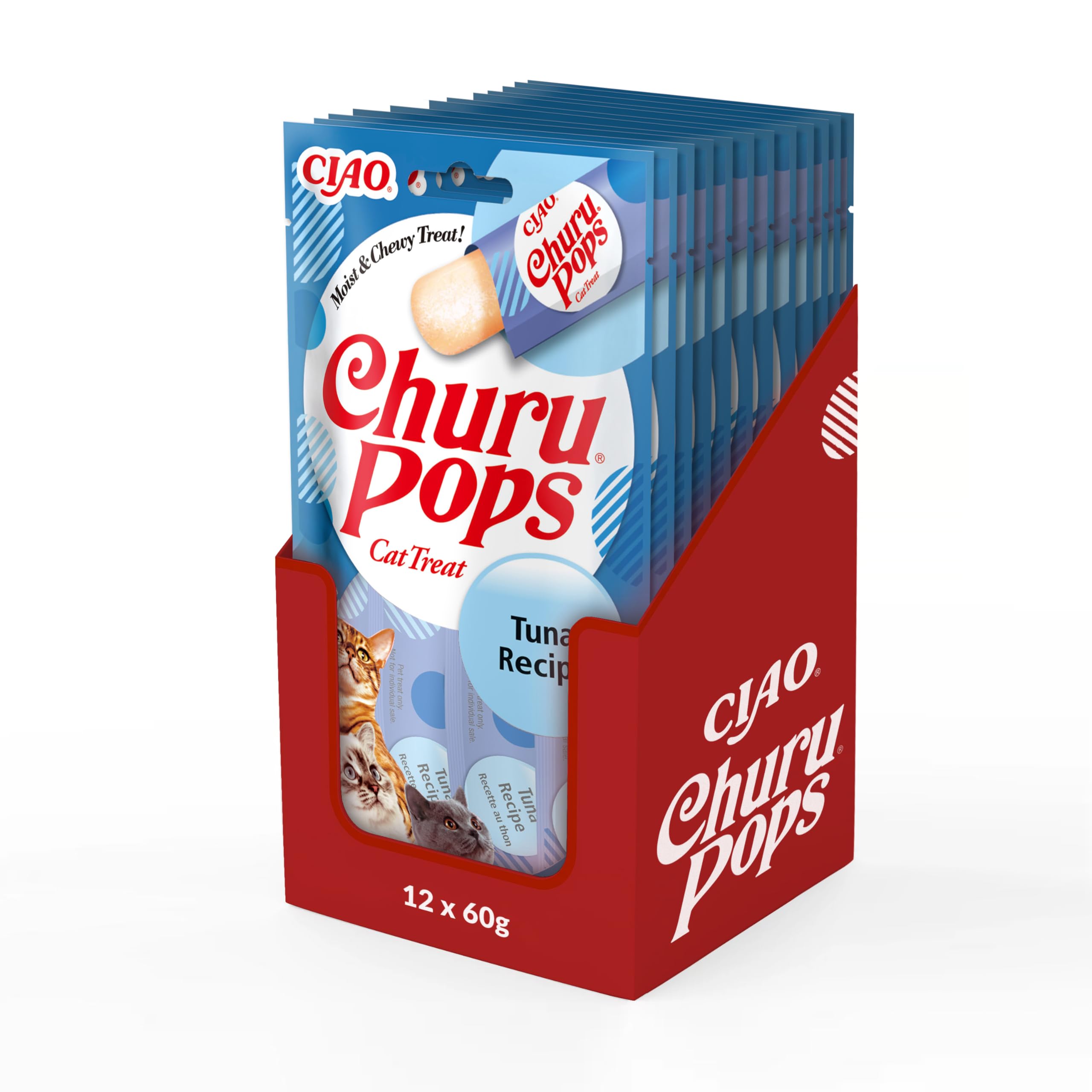 INABA Churu Pops Snack per Gatti in Stick di Gelatina al Tonno - 12 Pack (48 Stick x 15gr) - Cibo per Gatti Sano e Gustoso, Texture Morbida - Snack Gatto Senza Conservanti o Coloranti Artificiali