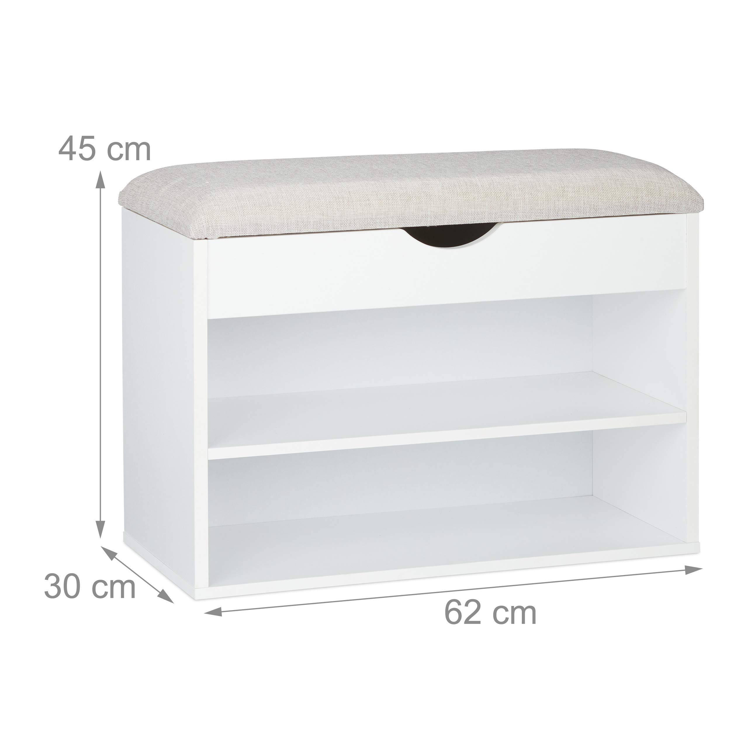 Relaxdays Banc à Chaussures, Garde Robe rembourré, 3 Compartiments, Rabattable, Etagère, siège, 45x62x30cm, Mousse, Blanc, Crème