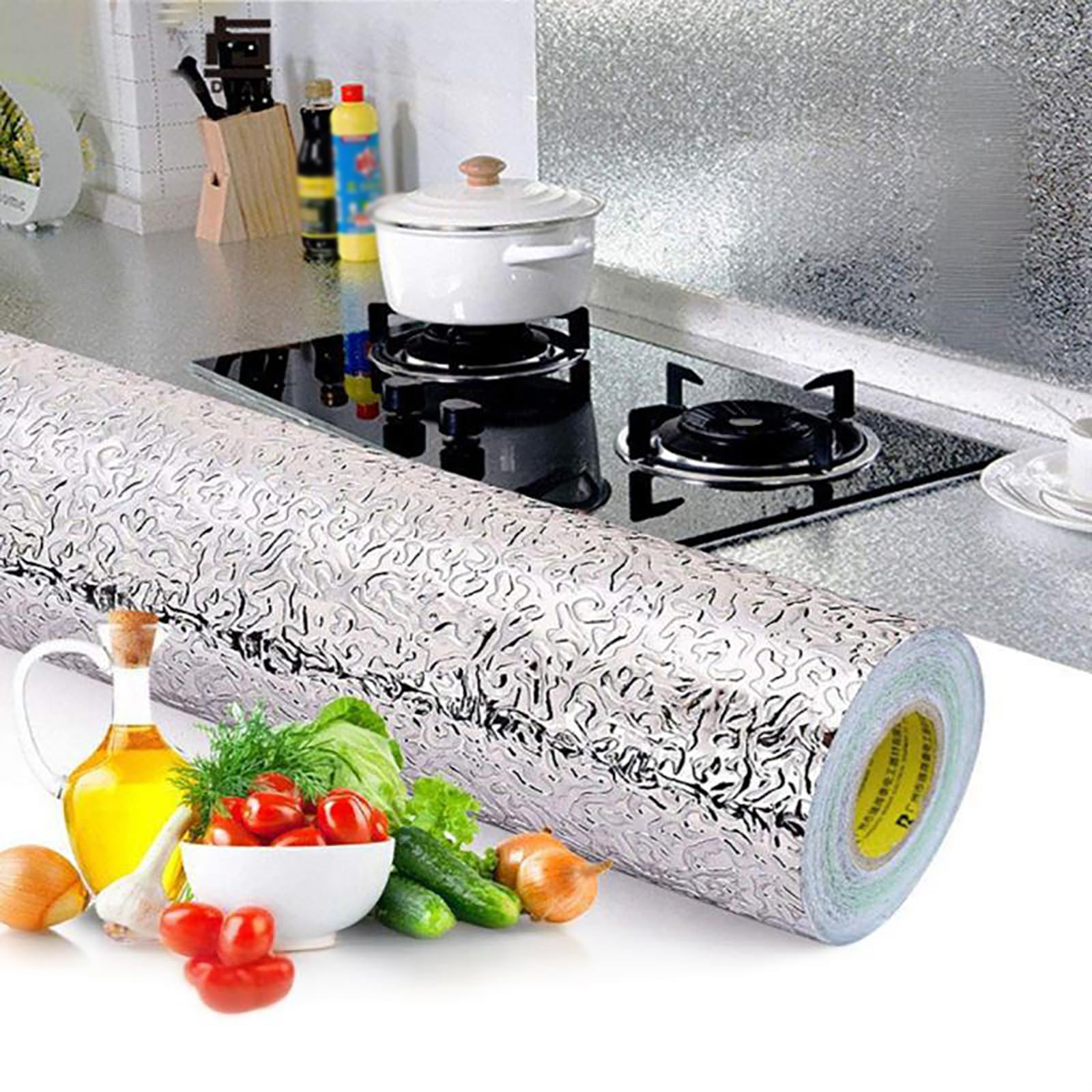 HENANCXF 5M(16.4FT) Self-Adhesive Stainless Steel Contact Paper,Contact Paper for Countertops,Stove Wall Protector,for Countertop Drawer Liner Shelf Liner(Size:60CM,Color:Silver - Check)