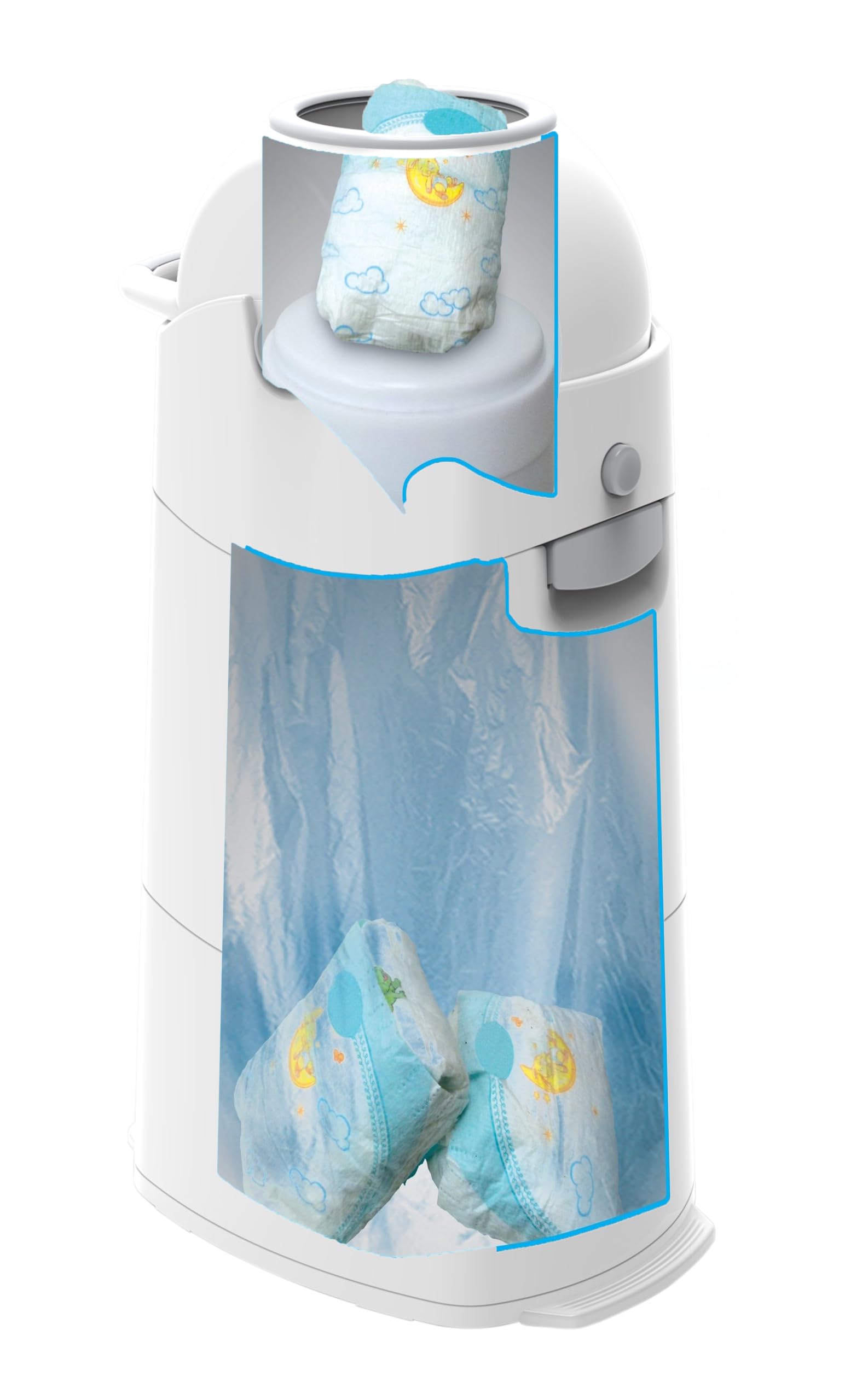 ASALVO Contenedor de pañales con 3 cierres herméticos antiolores y antibacteriano, funciona con bolsas de plástico normales, desmontable para limpieza, capacidad para 50 pañales, Blanco