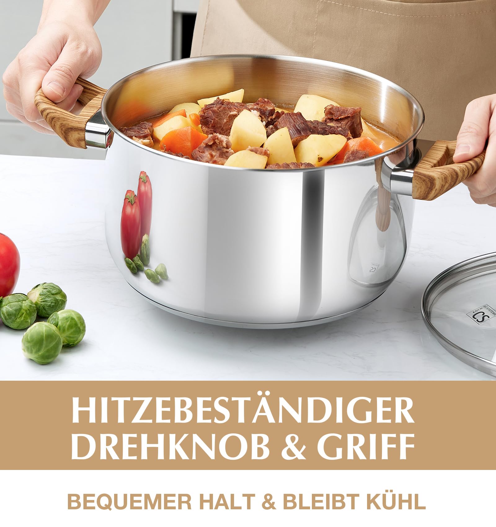 KOCH SYSTEME CS Edelstahl-Suppentopf mit Deckel, 8 Liter, Kochtopf für Suppe, Pasta, Soßen und Eintöpfe, Tri-Ply-Kapselboden, induktionsgeeignet, spülmaschinenfest