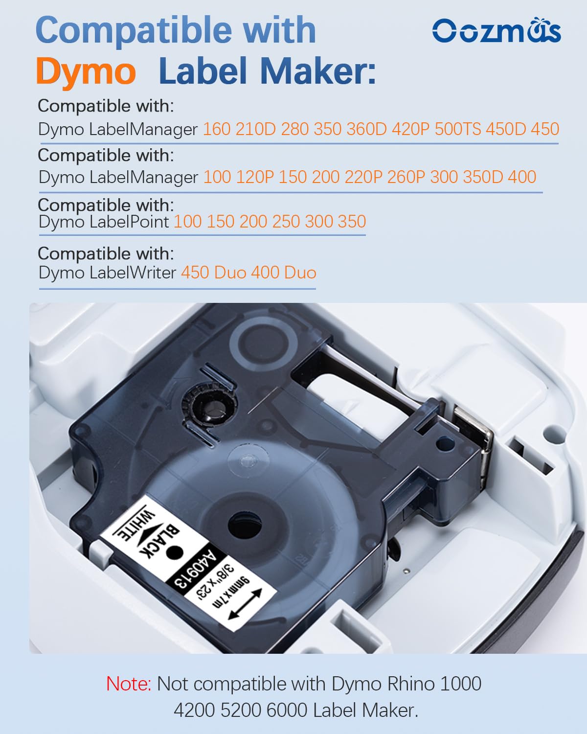 Dymo Ruban 9mm D1 40913 Noir sur Blanc Compatible LabelManager LM160 LM210D LM260P LM280 LM360D LM420P, Pack de 5
