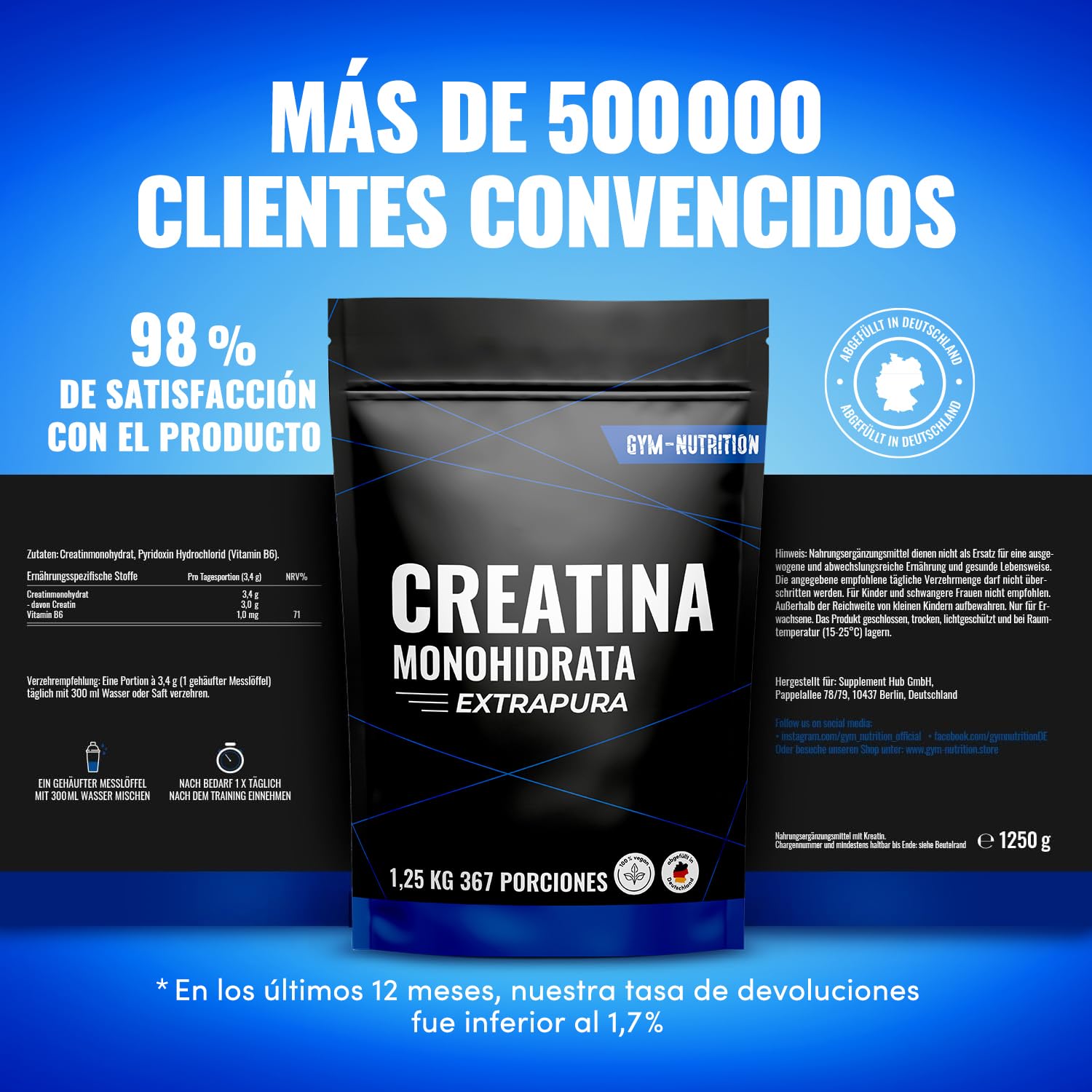 Creatina Monohidratada Extrapura - 1,25 kg (367 porciones) - Creatina Vegana en Polvo Sin Sabor - Producida en Alemania