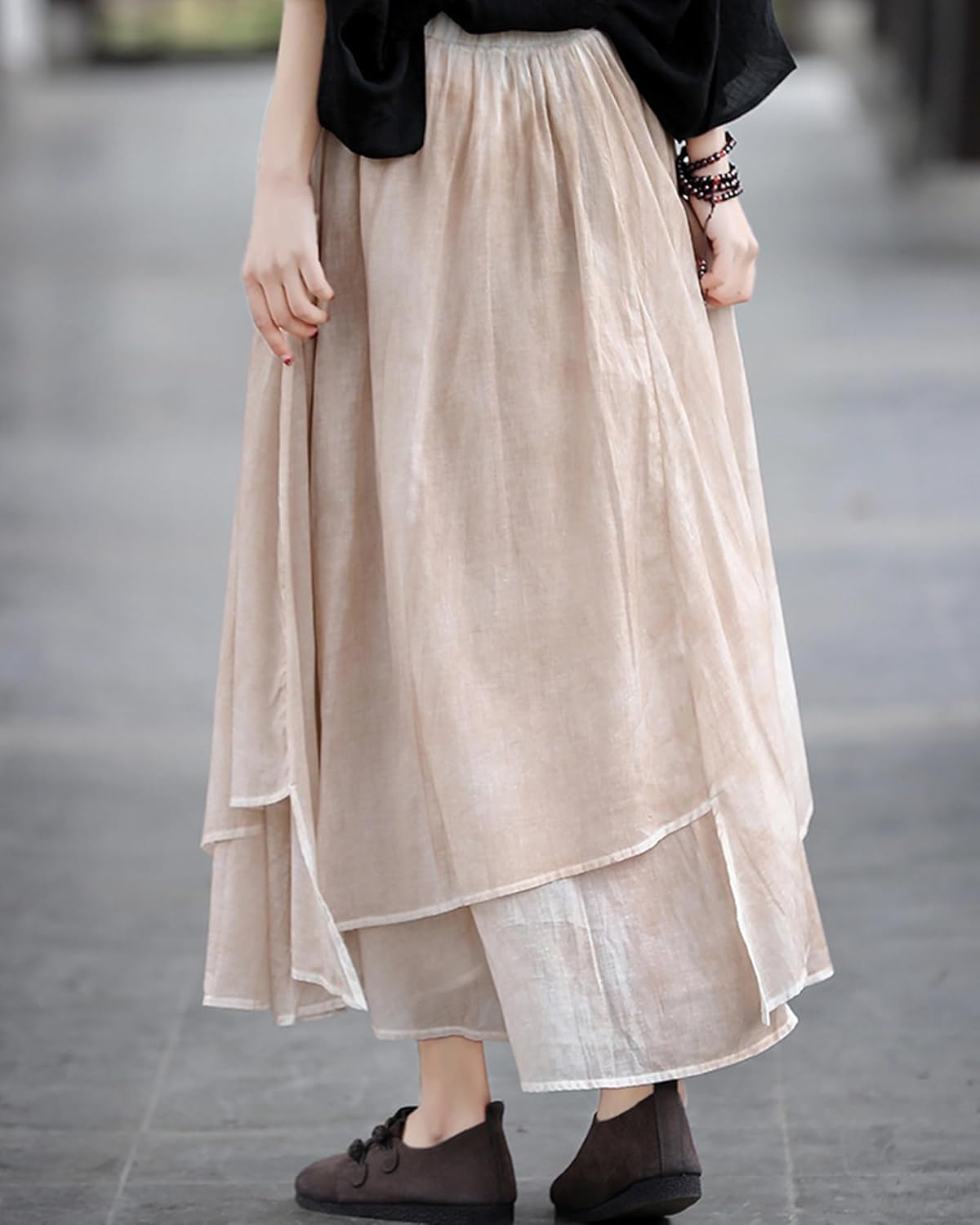 LUZU JUNU Women's Elastic Waist Cotton Layered Flowy Irregular Bohemian Maxi Skirt for Vacation