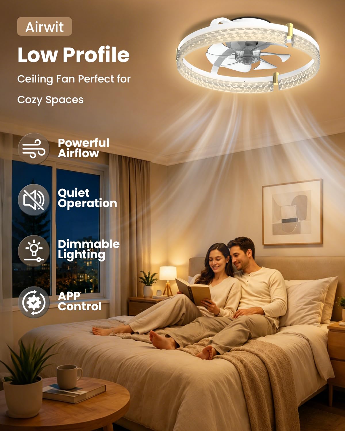 Airwit 48cm Ventilatore da Soffitto Silenzioso con Luce e Telecomando, Dimmerabile Lampada Ventilatore da Soffitto Moderno con Reversibile Motore DC, Lampadario Ventilatore per Camera da Letto, Cucina