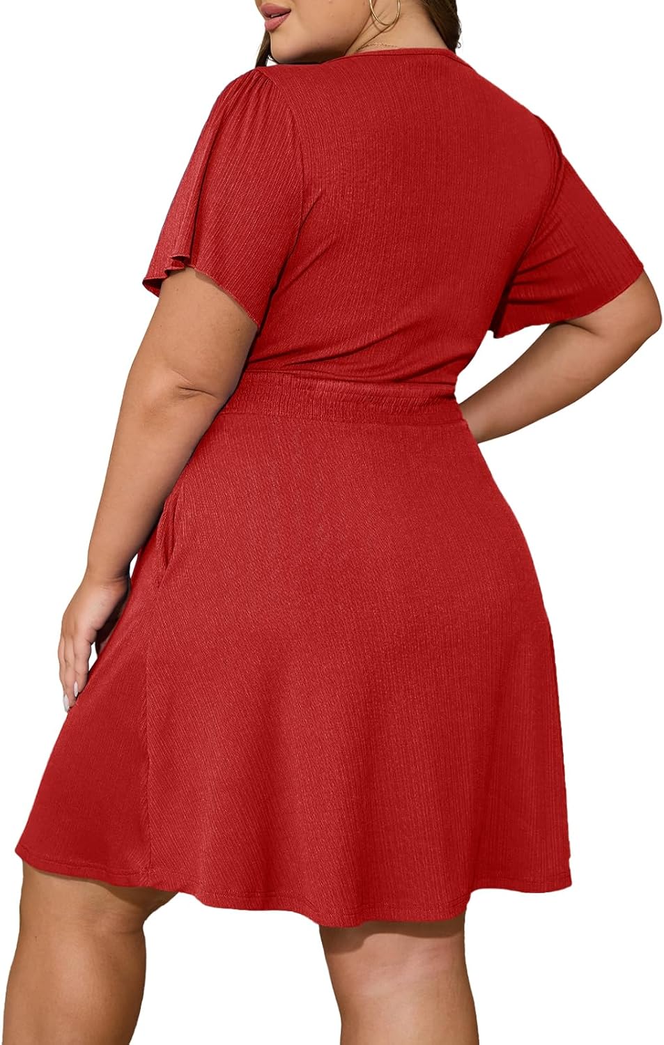Women’s Plus Size V Neck Dress Short Sleeve Shirred Waist Casual Swing Summer Knee Length Dress with Pockets - Image 3