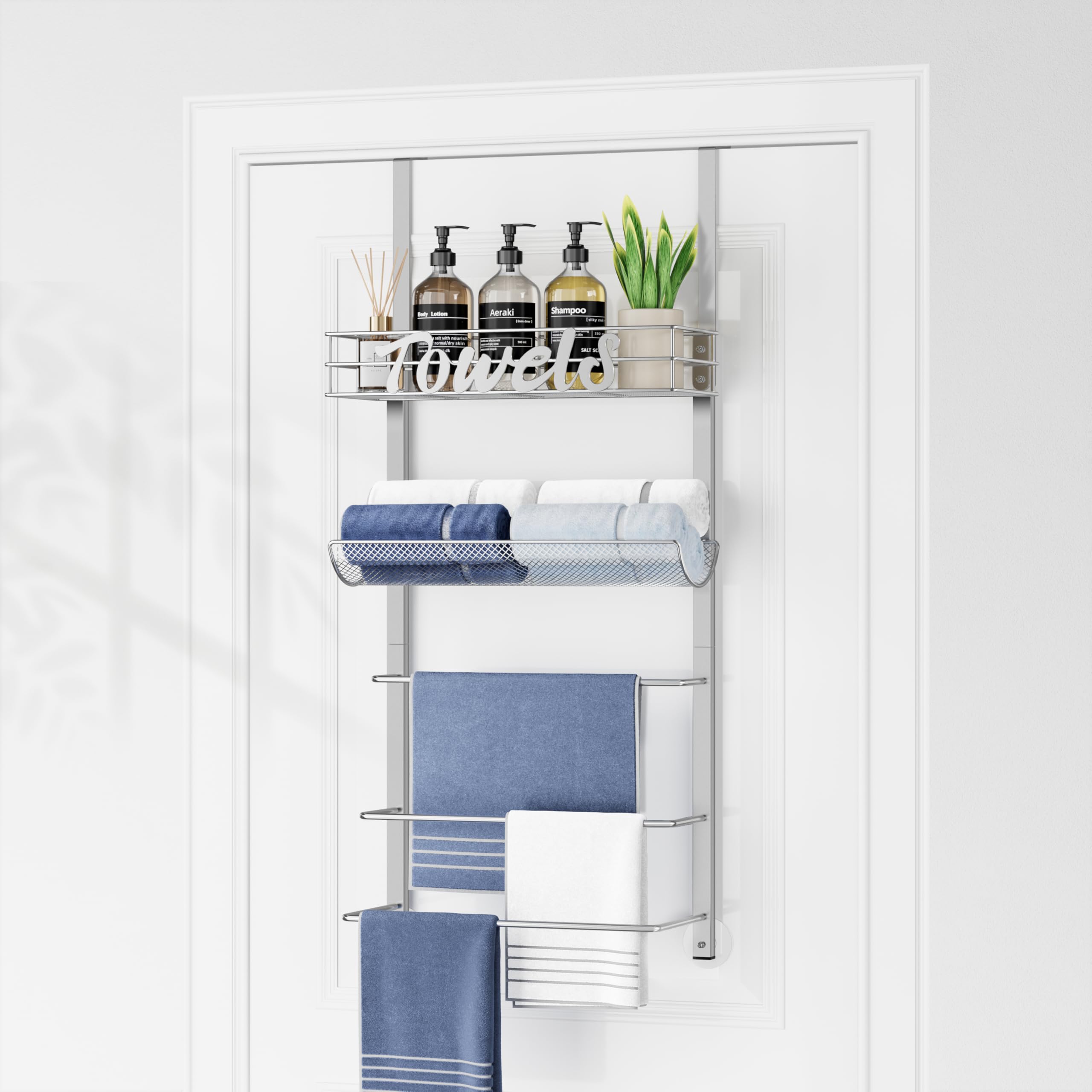 SWTYMIKI Over Door Towel Rack - 5 Tier Towel Storage Rack Wall Mounted with Metal Shelf, Over Door Towel Rail, Space-Saving Bathroom Towel Storage, Multi-Functional Bathroom Accessories, Silver