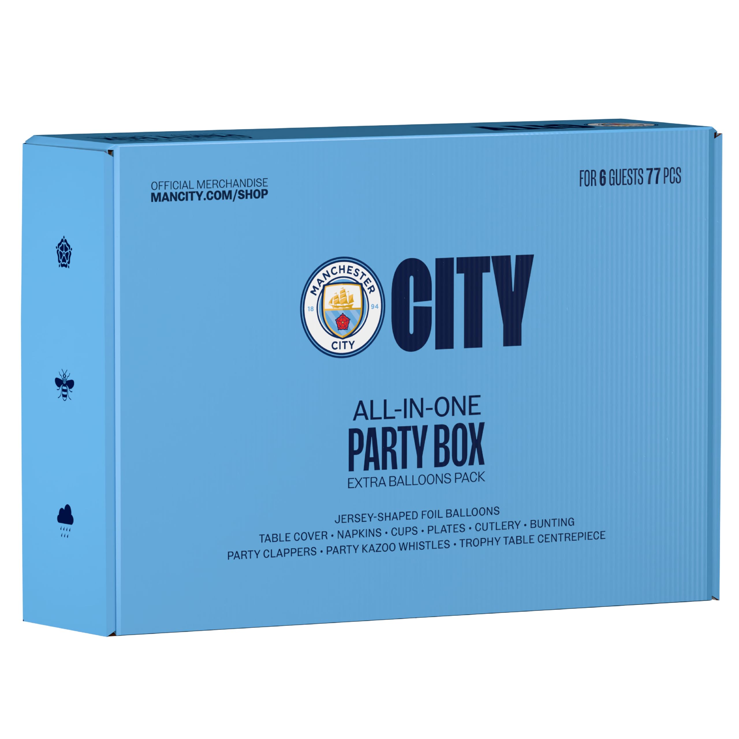 77 szt. ALL-IN-ONE ManCity FC Matchday Party Box dla 6 gości jednorazowa zastawa stołowa, z kulteriami, dekoracjami, balonami foliowymi z dżerseju, upominki na przyjęcie i bezpieczne dla żywności