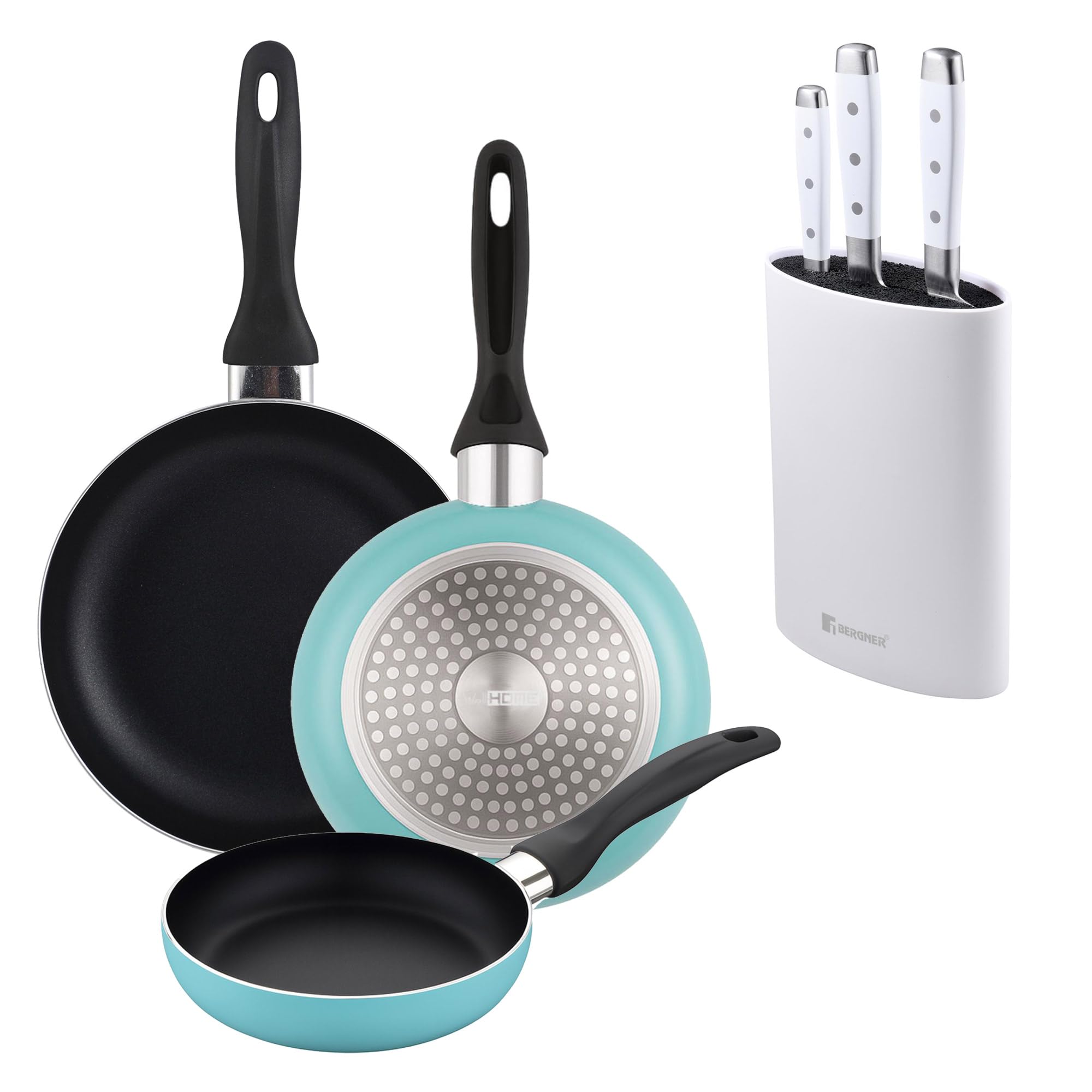 Poêles bleu mat Ø16Ø20Ø24 cm et set de couteaux avec tacoma pour une cuisine moderne