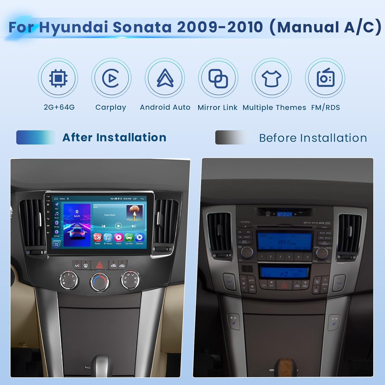 2+64G Stereo for Hyundai Sonata Manual A/C 2009 2010 CarPlay Car Radio Android 15 9" Touchscreen Android Auto Backup Camera GPS EQ 28UI