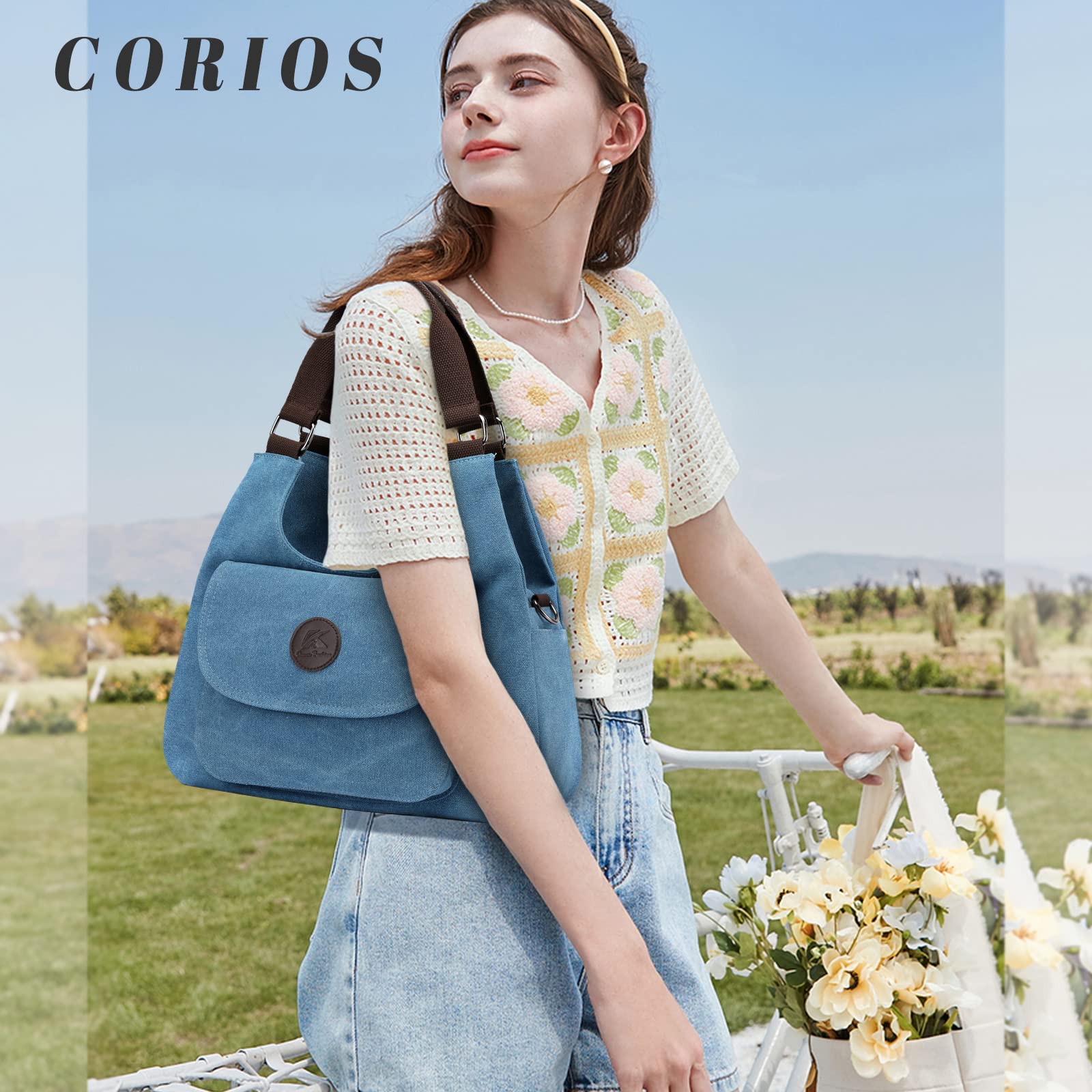 CORIOS Retro Bolsos de Mano para Mujer Casual Bolsa para Las Axilas Bolsos de Hombro Bolso Shopper Multifuncional Bolso Tote Bolsa de Ocio para Compras Viajes Citas Trabajo Azul
