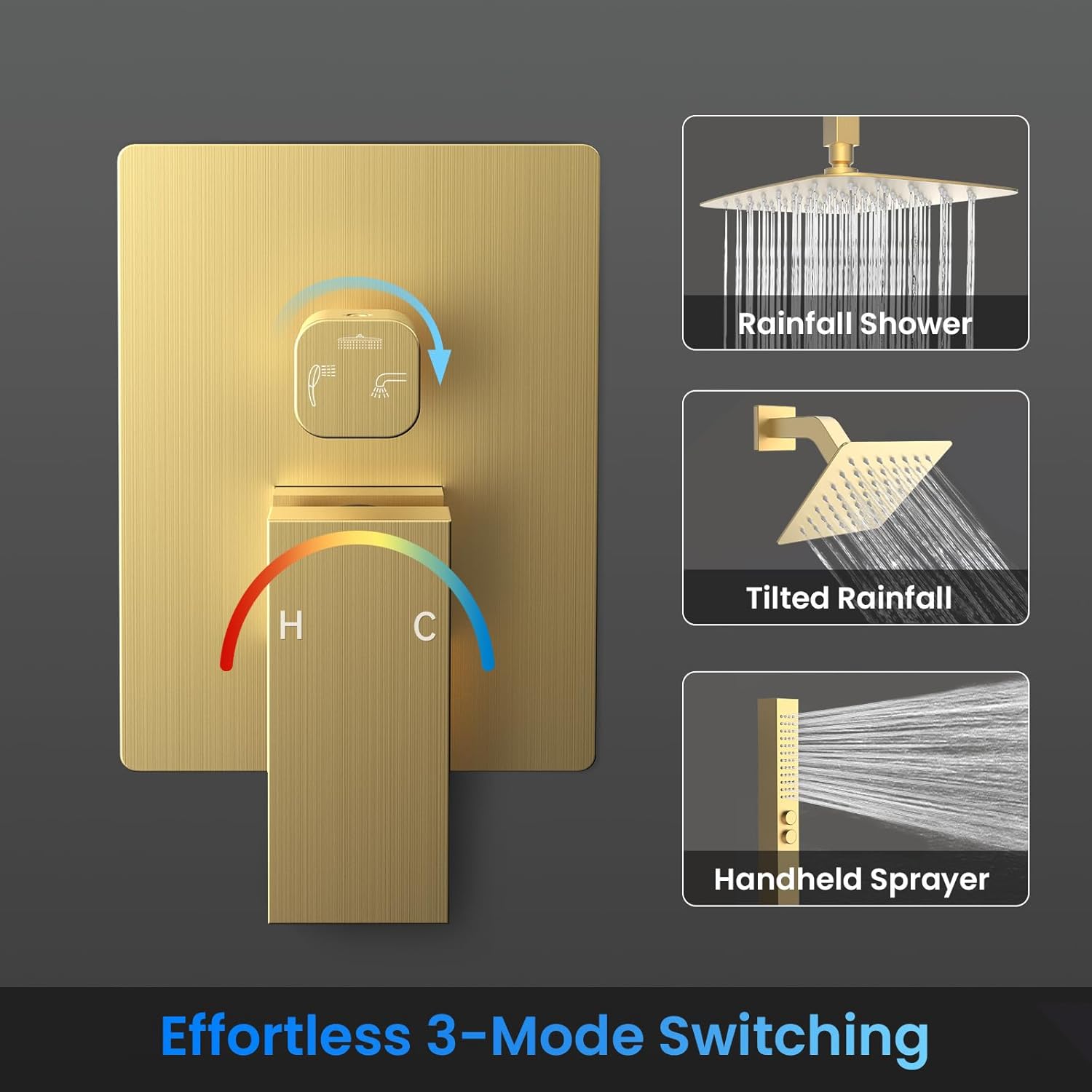 Shower Faucet Set, 12" Ceiling Mount Rainfall Shower System with 2 Rain Shower Heads, 2-in-1 Handheld, Solid Brass Pressure Balancing Shower Valve and Trim Kit, Brushed Gold