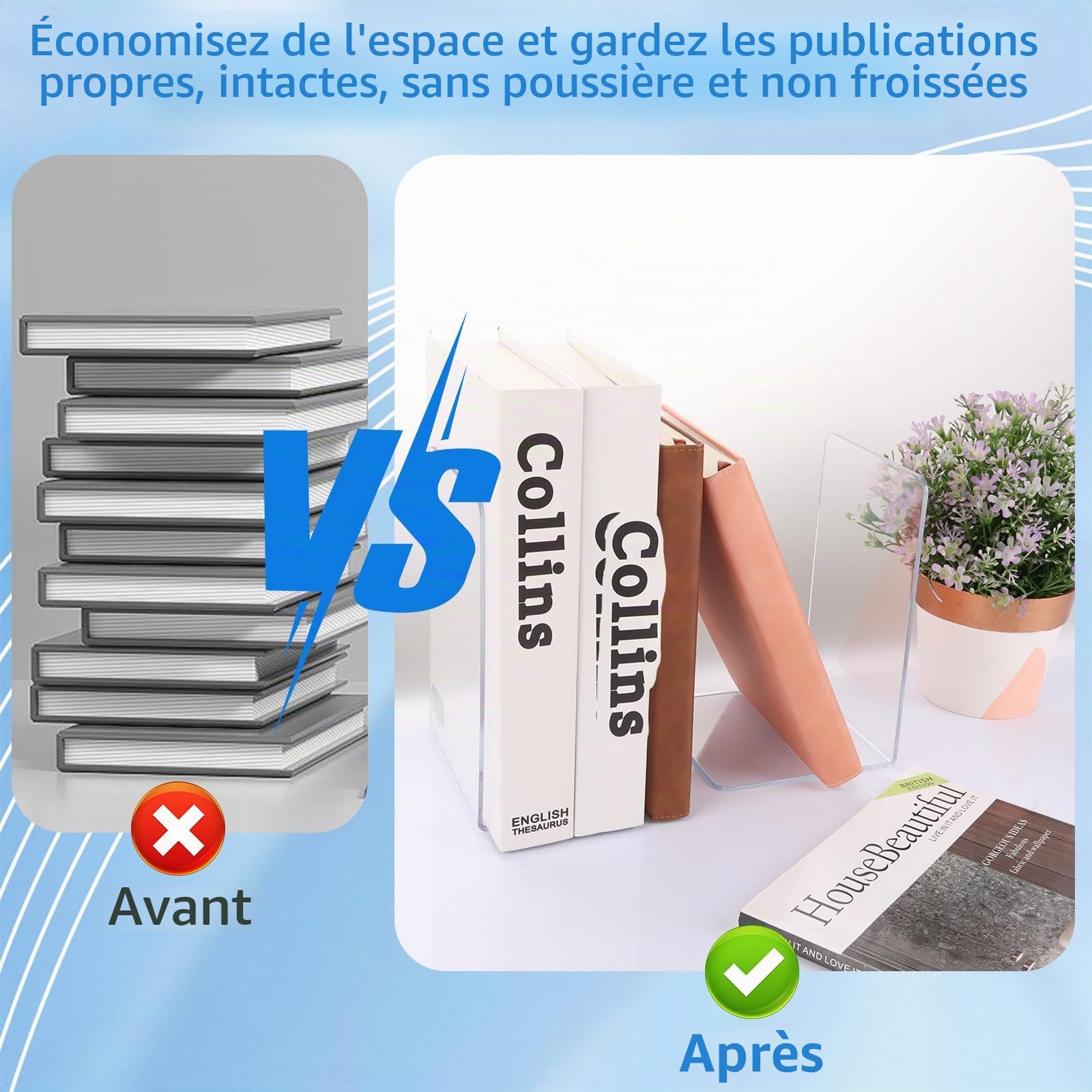 APACALI 16PCS Serre Livres en Acrylique Transparent pour Étagères, Support de Tablette pour Bibliothèque, Bureau, Écoles, Librairie