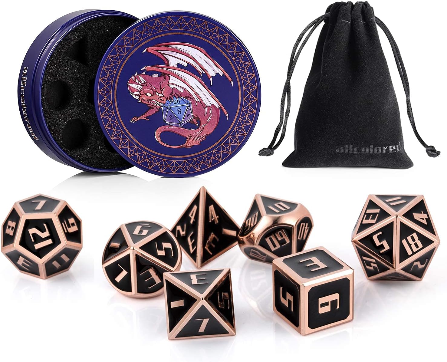 ALLCOLORED D&D Standard 16mm Metal Dice Set Copper/Rose Gold Black Heavy DND Dice with Metal Case and Velvet Bag for Playing Tabletop Roleplay Games Dungeons and Dragons