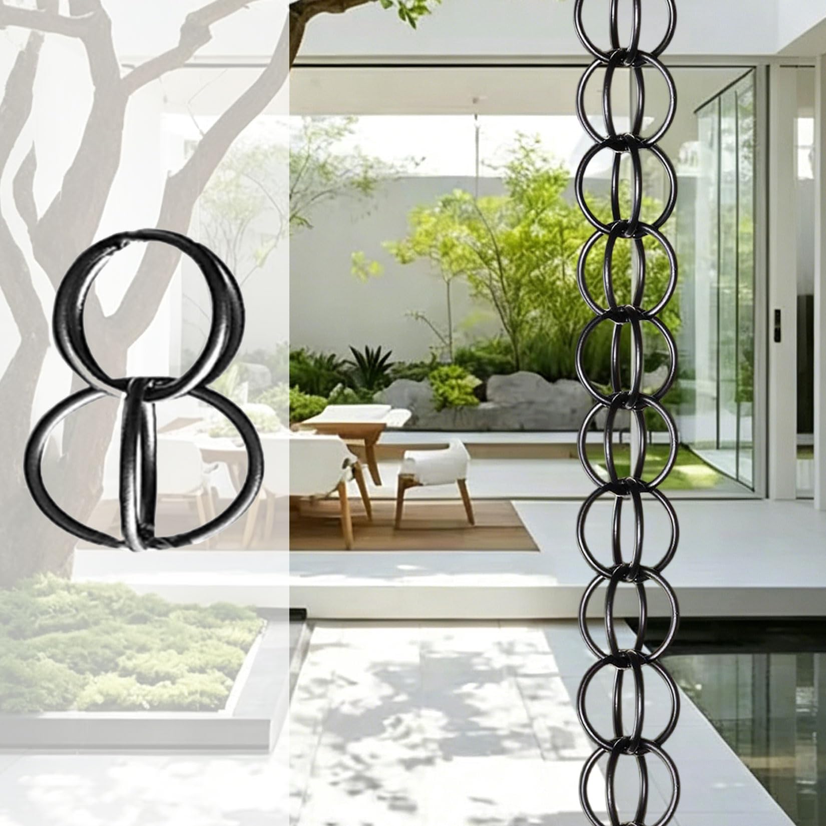 UZAMIRLEX Rain Chain, Japanese Double-Ring Outdoor Rain Chain For Gutter Downspout, Black, Multiple Sizes(4m(13.2ft))