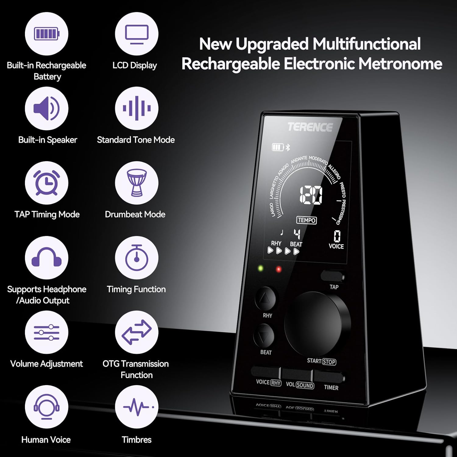 TERENCE Digital Metronome with feature icons