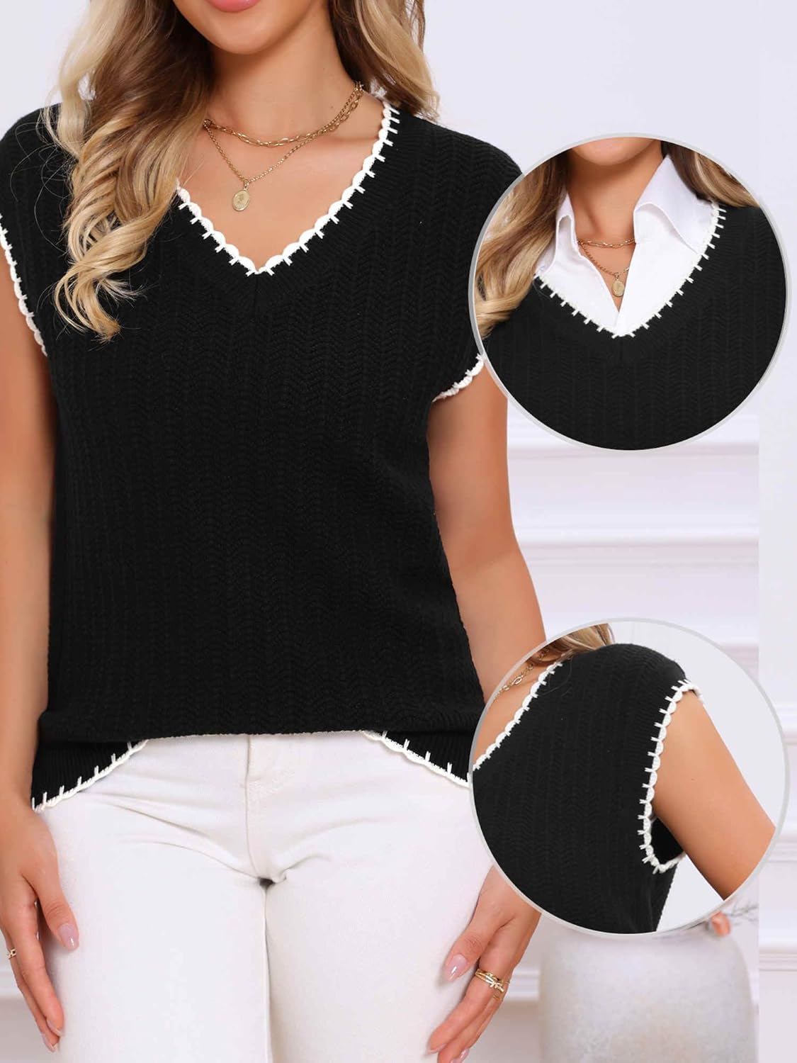 Allegra K Casual V Neck Sweater Vest for Women's Cap Sleeve Oversized Cable Knit Pullover Tops - Image 4